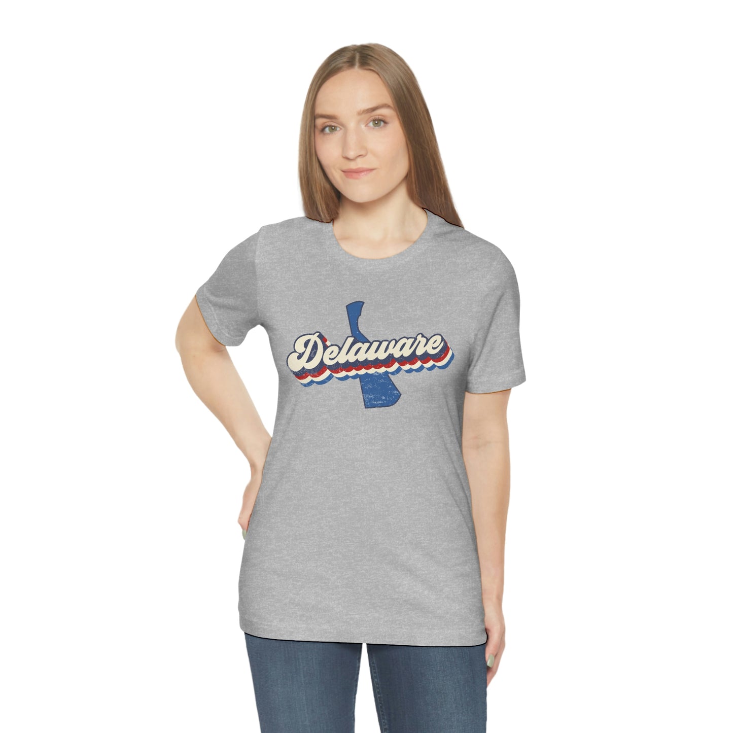 Delaware Script Red White Blue on Blue Delaware Short Sleeve T-shirt