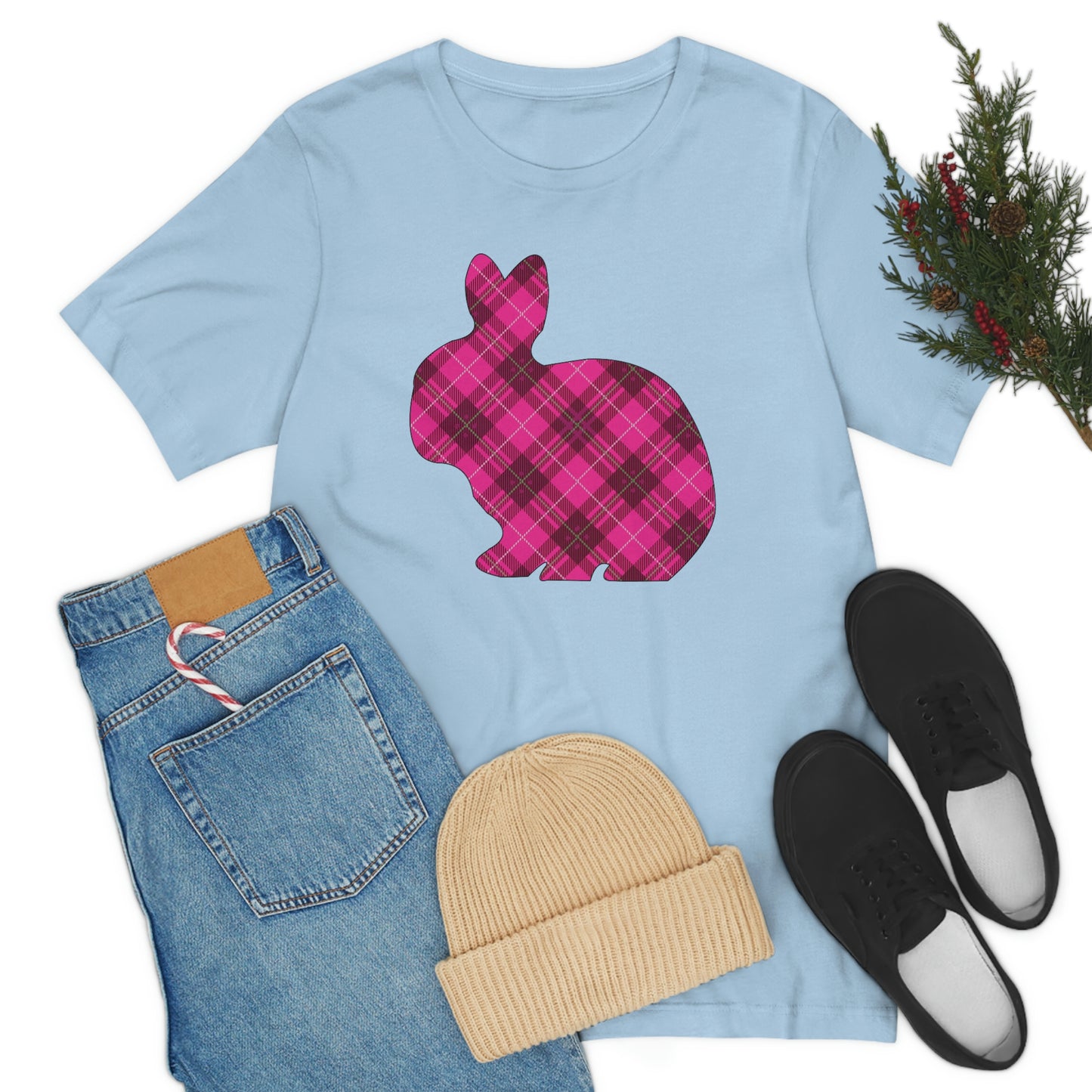 Pink Plaid Bunny Spring Easter Unisex Jersey Short Sleeve Tee