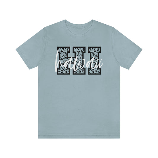 Hawaii HI Leopard Print Letters White Script Short Sleeve T-shirt