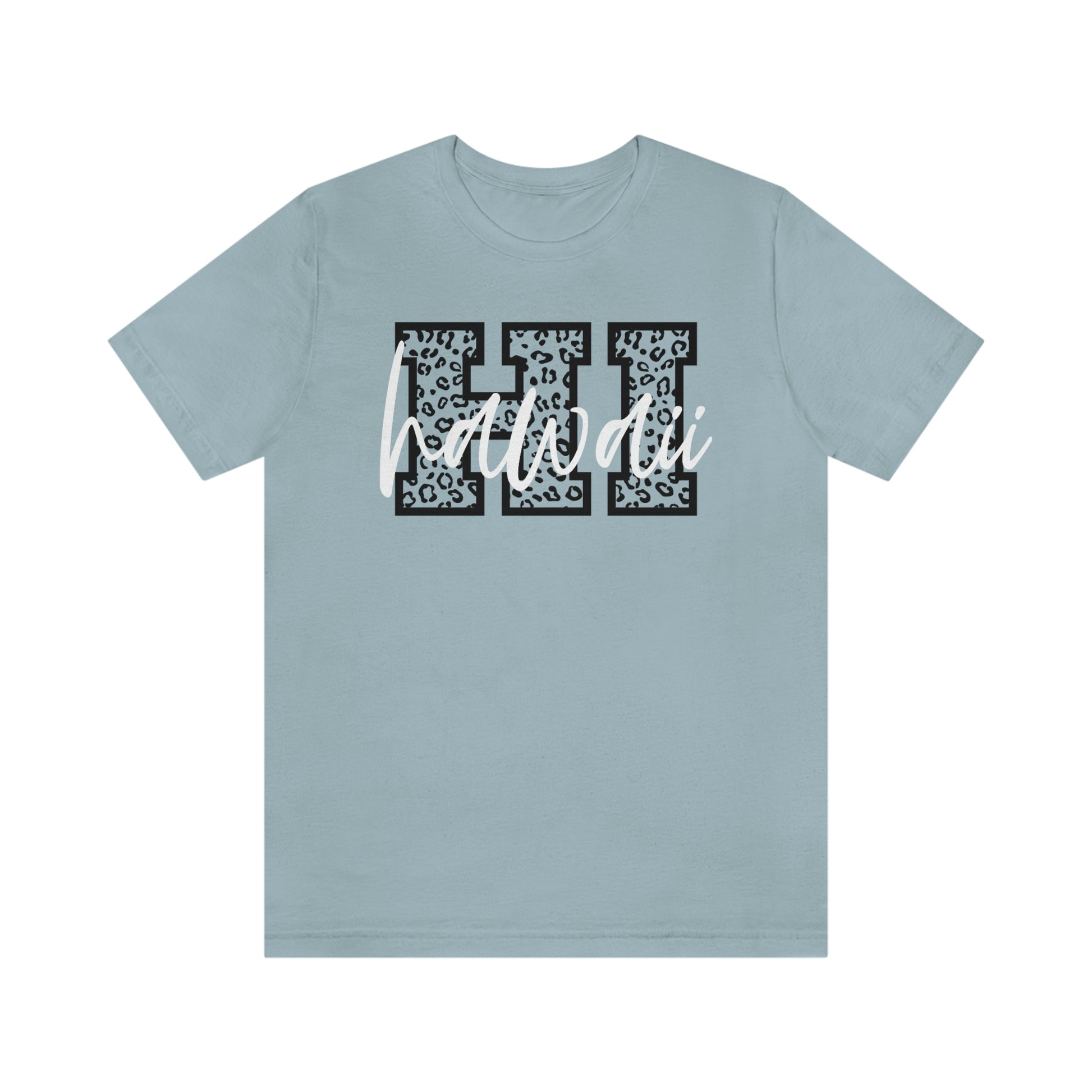 Hawaii HI Leopard Print Letters White Script Short Sleeve T-shirt