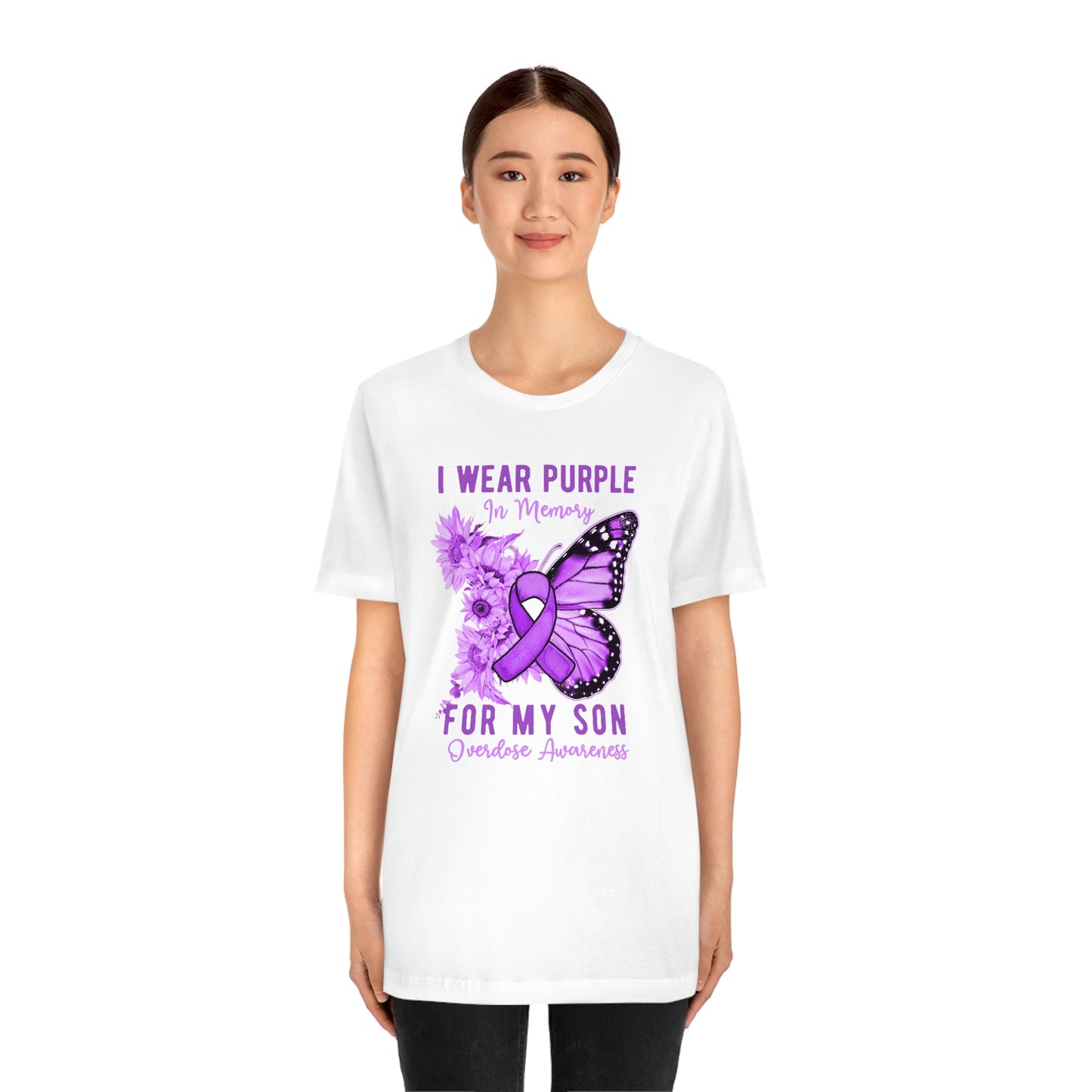 I Wear Purple In Memory For My Son Overdose Awareness Print Unisex Jersey Short Sleeve Tee