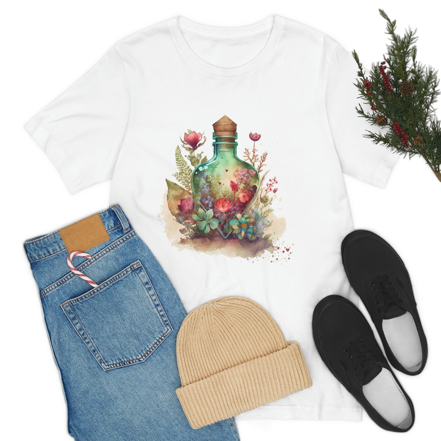 Vintage Bottle Floral Unisex Jersey Short Sleeve Tee