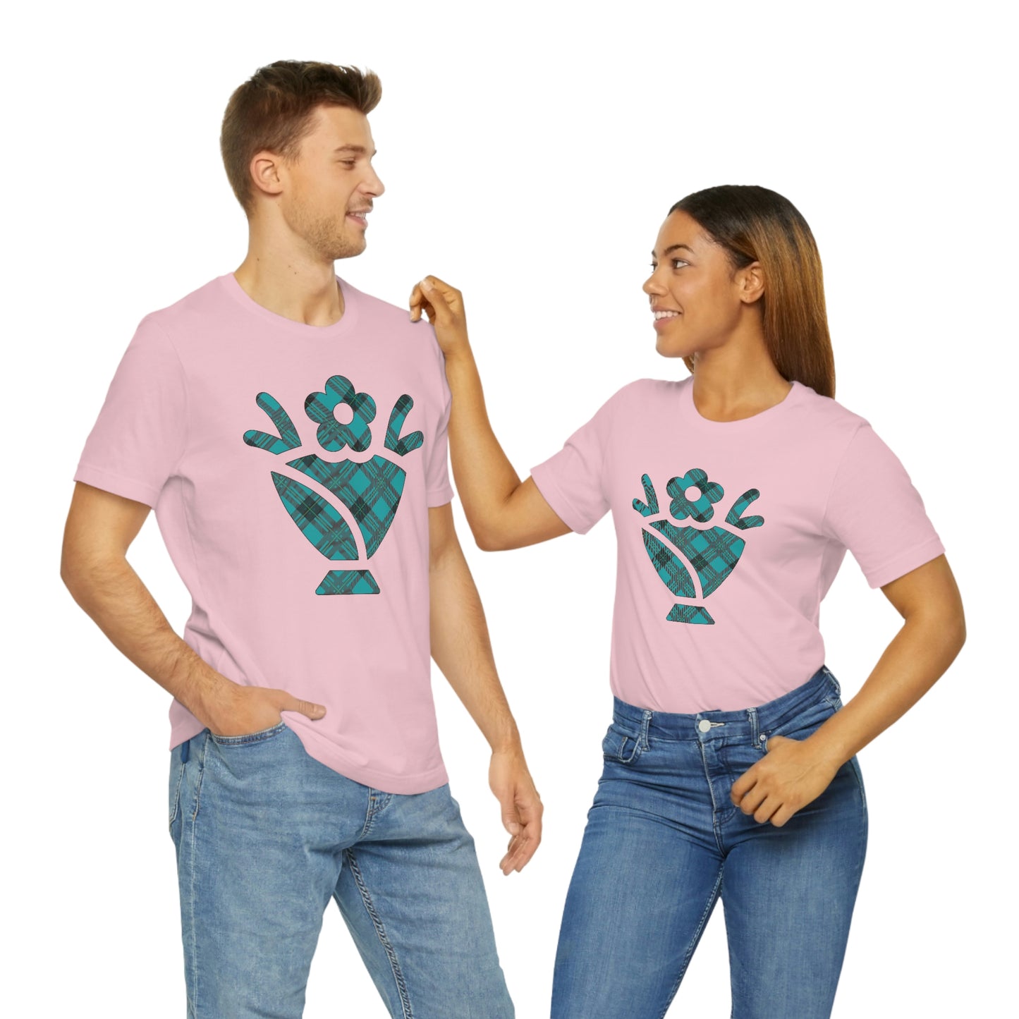 Blue Plaid Egg Basket Flowers Unisex Jersey Short Sleeve Tee