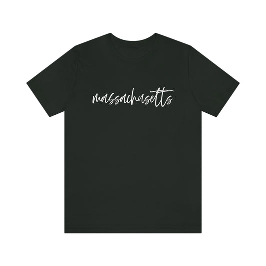 Massachusetts White Script Short Sleeve T-shirt