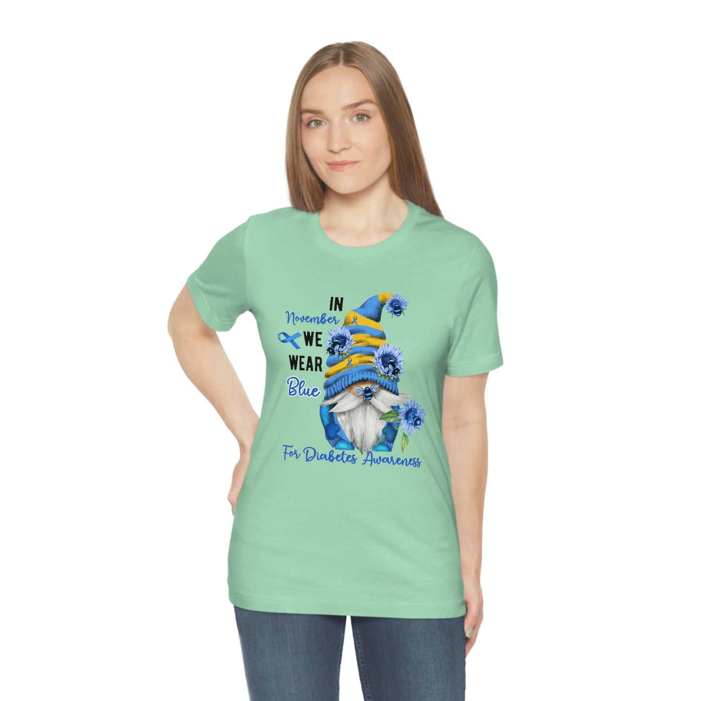 In November We Wear Blue Gnome Diabetes Awareness Print Unisex Jersey Short Sleeve Tee