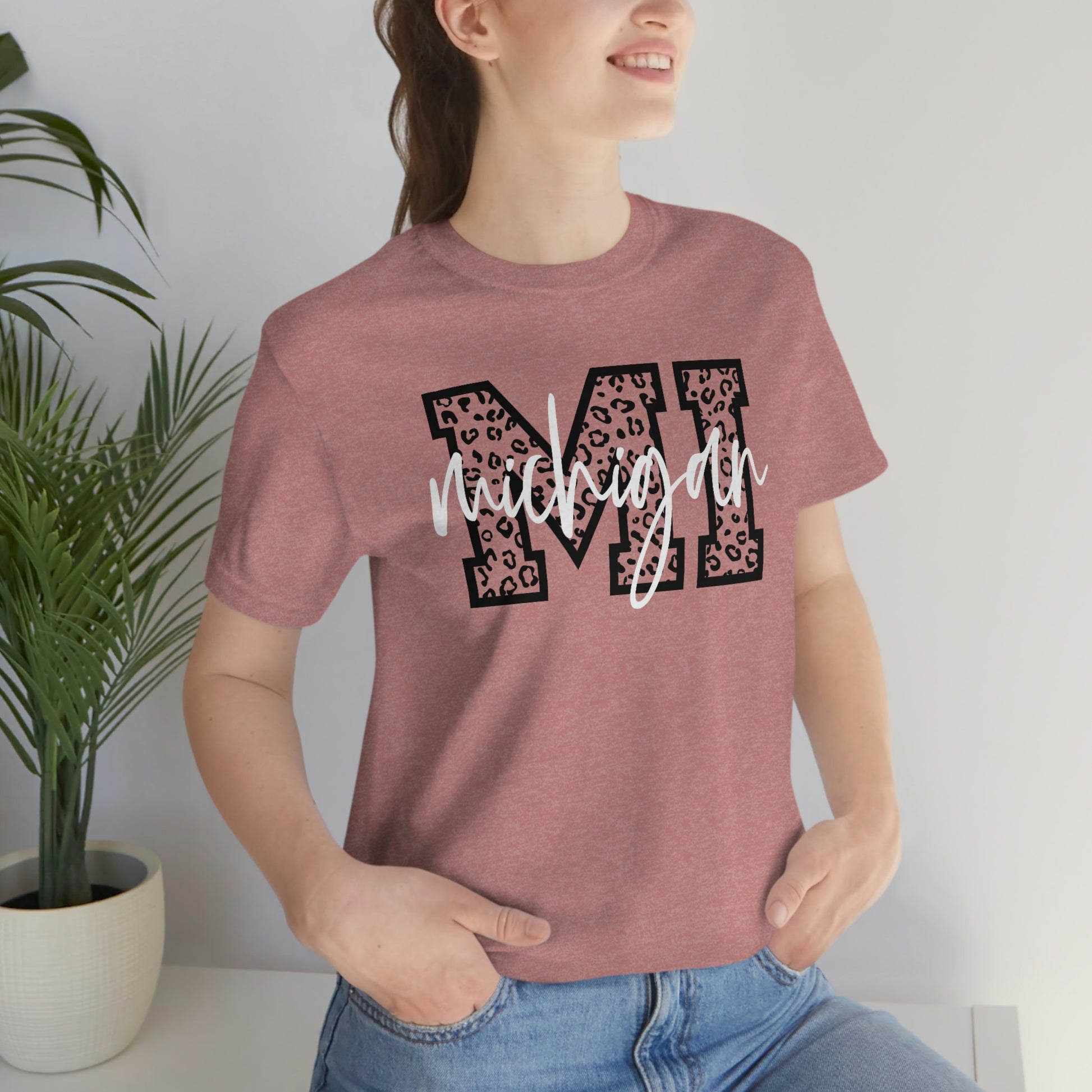 Michigan MI Leopard Print Letters White Script Short Sleeve T-shirt