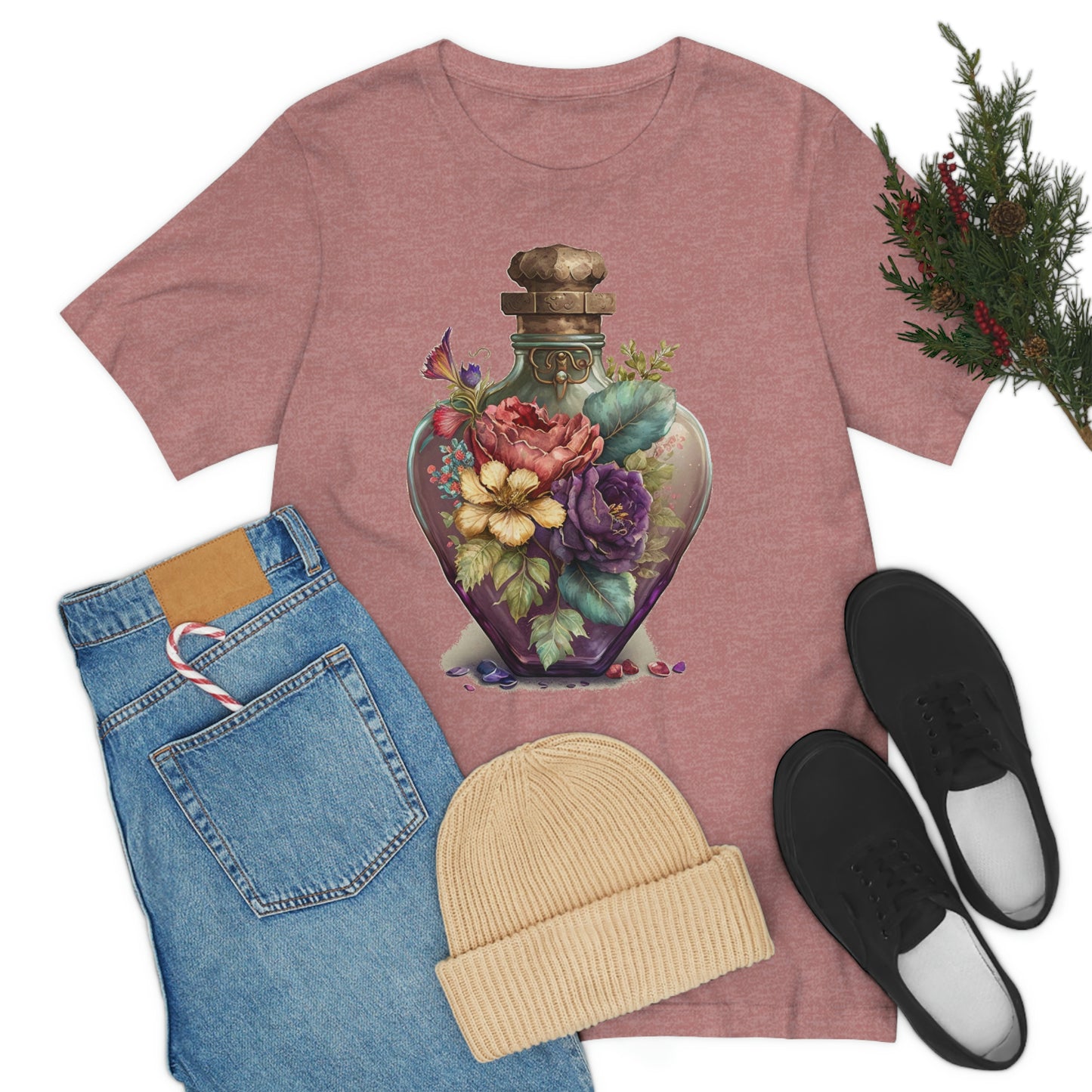 Vintage Bottle Floral Unisex Jersey Short Sleeve Tee