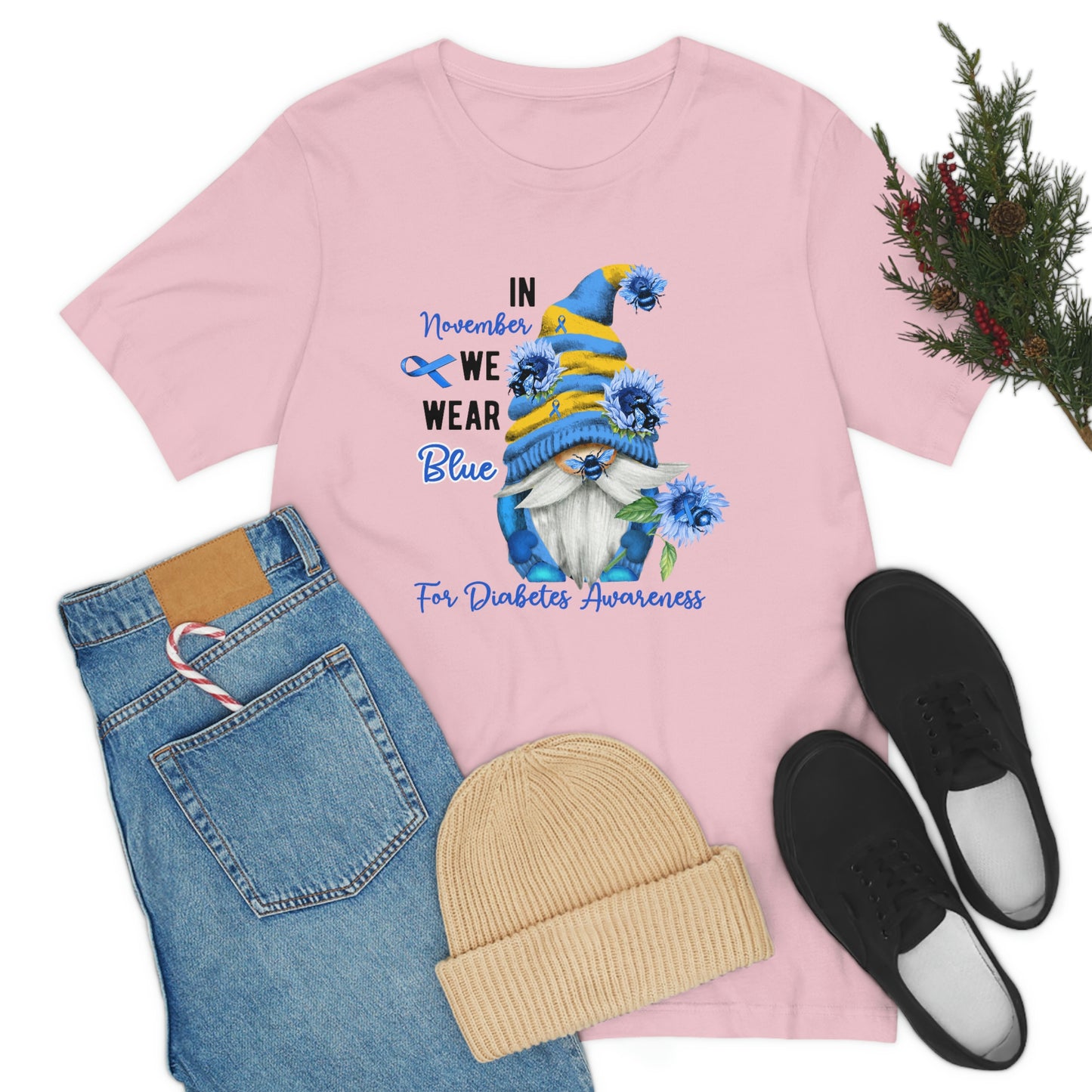 In November We Wear Blue Gnome Diabetes Awareness Print Unisex Jersey Short Sleeve Tee