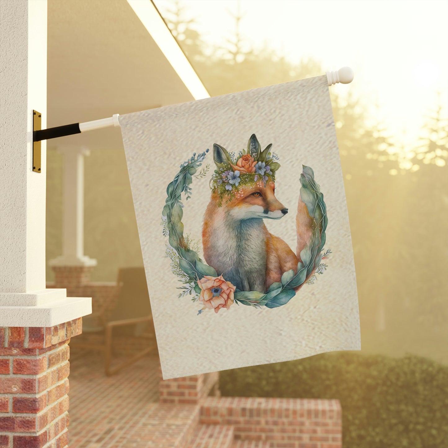 Watercolor Fox Peaking Through Wreath Garden & House Banner