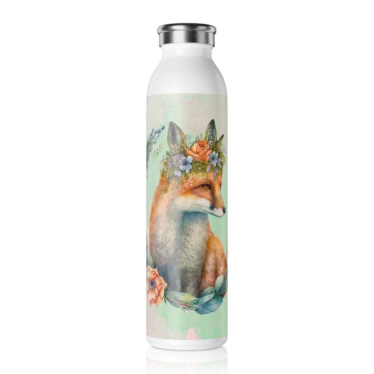 Spring Fox in Flower Wreath Watercolor Slim Water Bottle