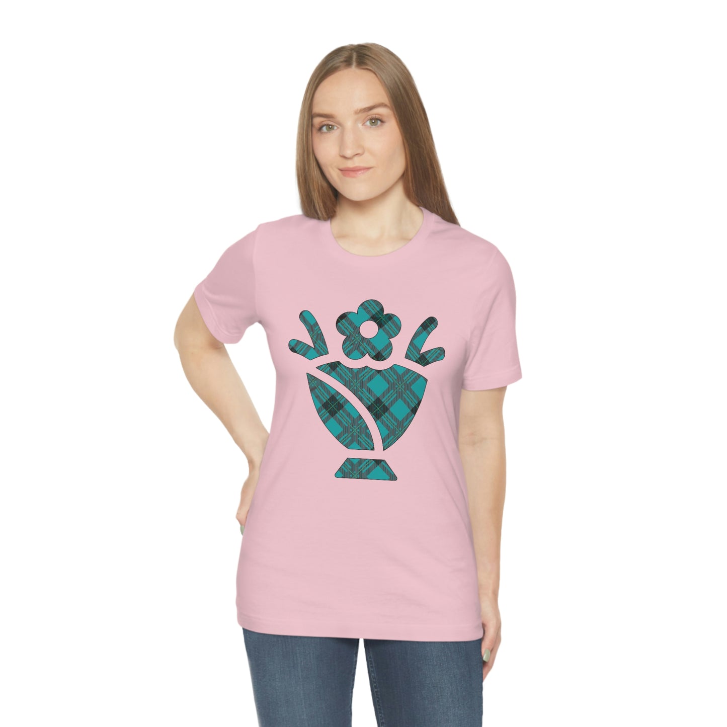 Blue Plaid Egg Basket Flowers Unisex Jersey Short Sleeve Tee