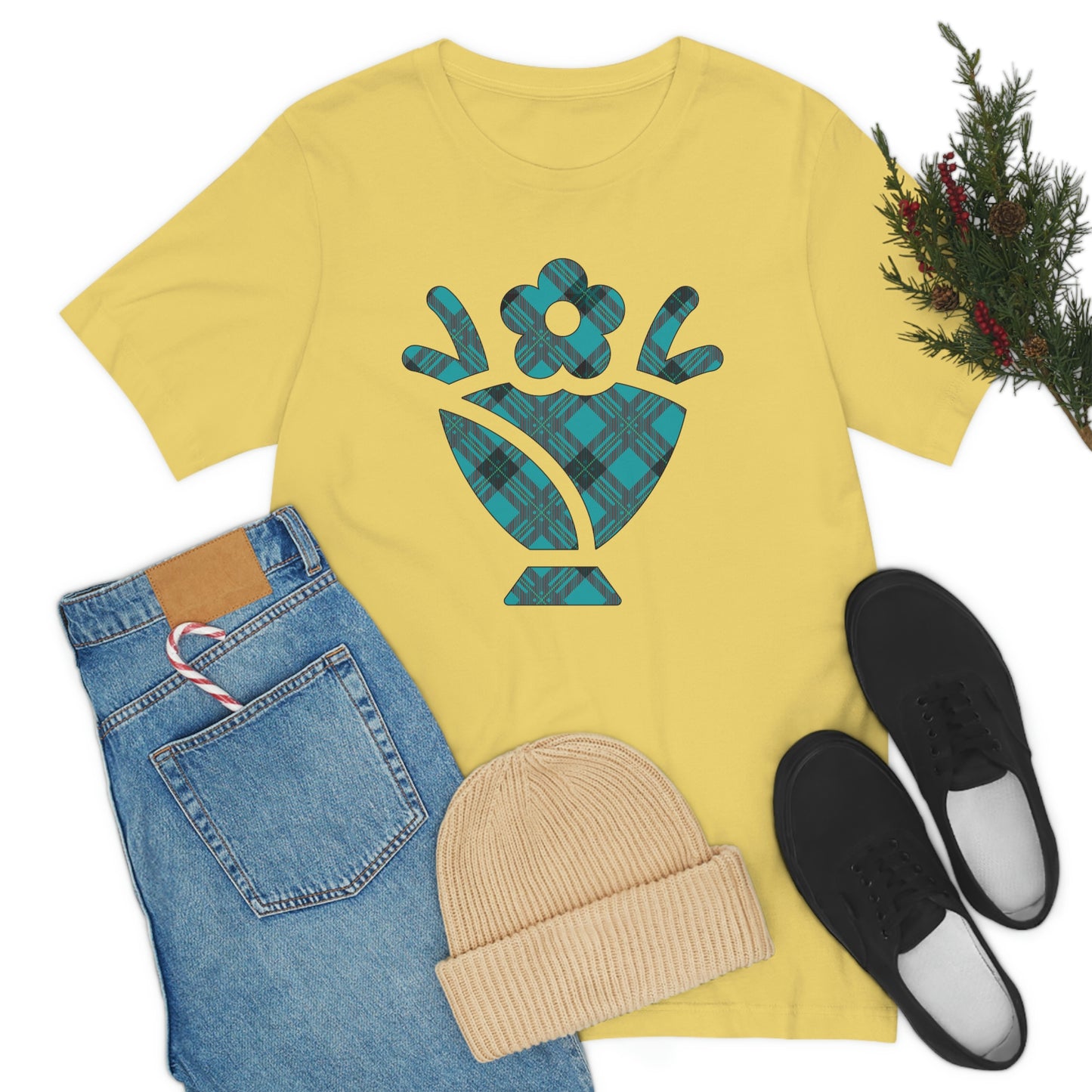 Blue Plaid Egg Basket Flowers Unisex Jersey Short Sleeve Tee