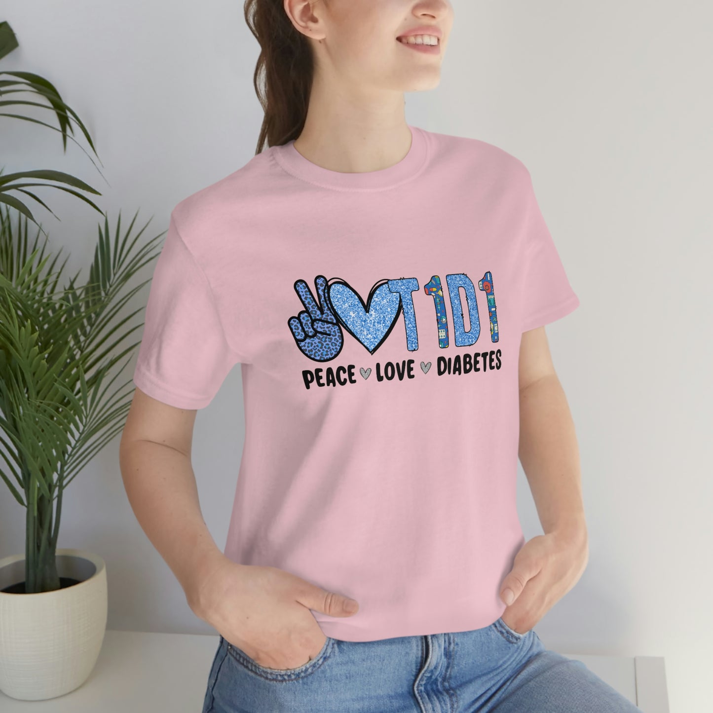 Peace Love T1D1 Diabetes Awareness Print Unisex Jersey Short Sleeve Tee