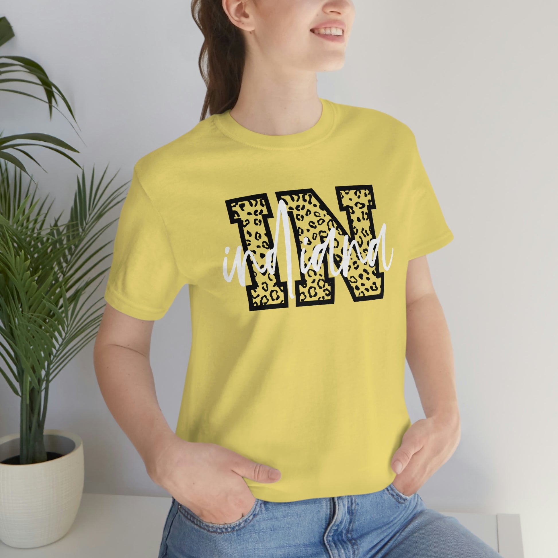 Indiana IN Leopard Print Letters White Script Short Sleeve T-shirt