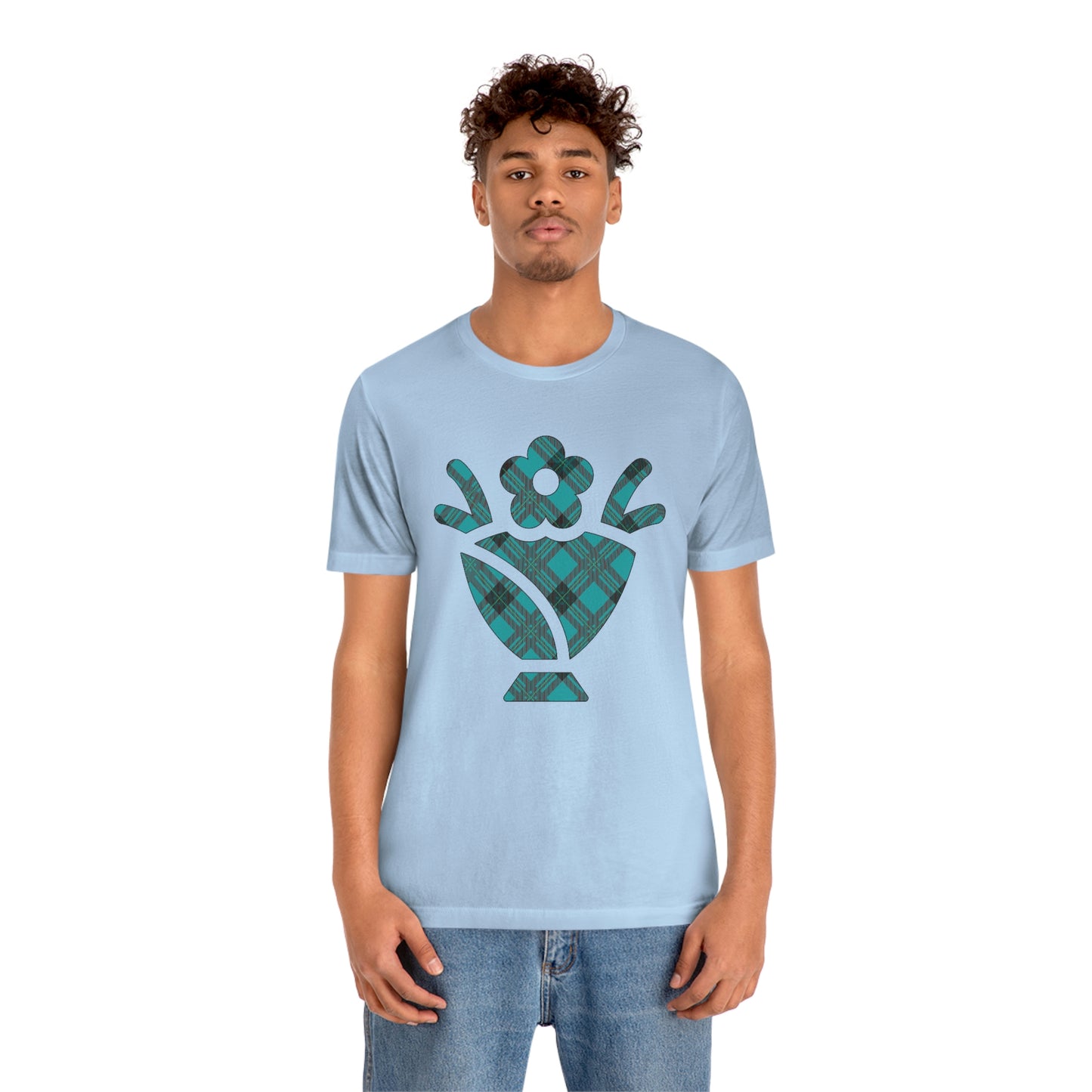 Blue Plaid Egg Basket Flowers Unisex Jersey Short Sleeve Tee