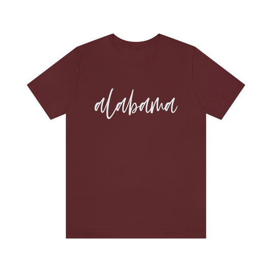 Alabama in White Script Unisex Jersey Short Sleeve T-shirt