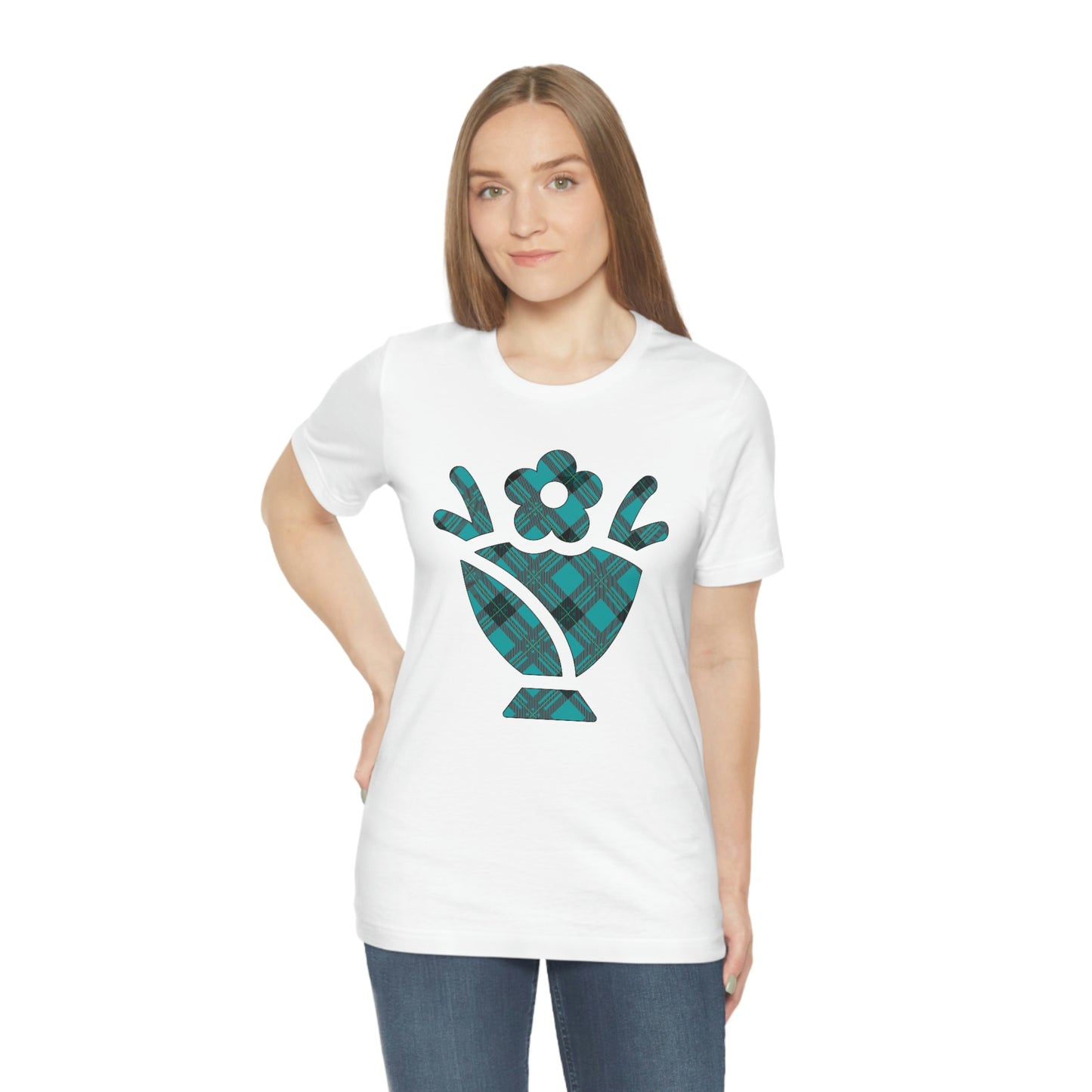 Blue Plaid Egg Basket Flowers Unisex Jersey Short Sleeve Tee