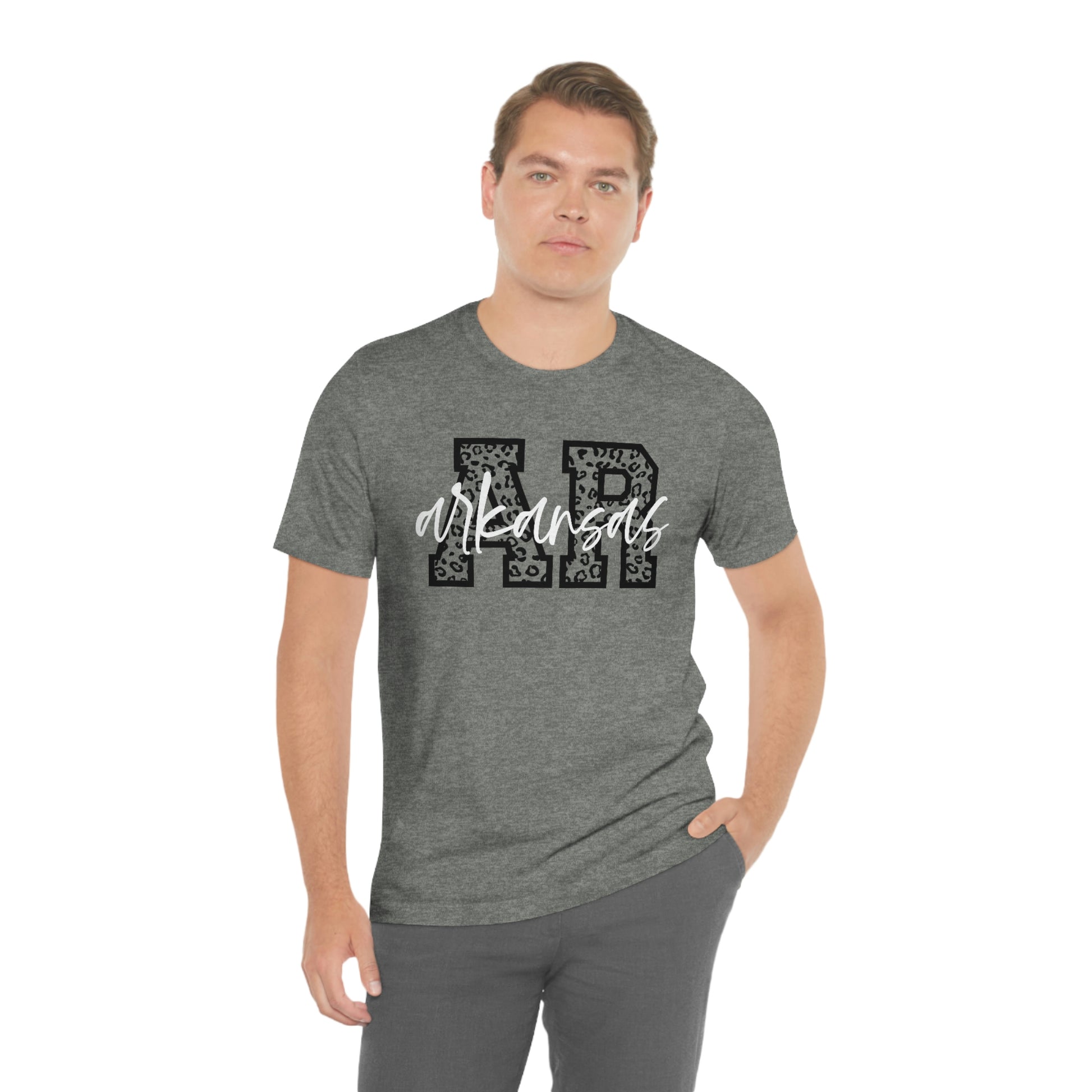 Arkansas AR Leopard Print White Script US Flag Unisex Jersey Short Sleeve Tee Tshirt T-shirt