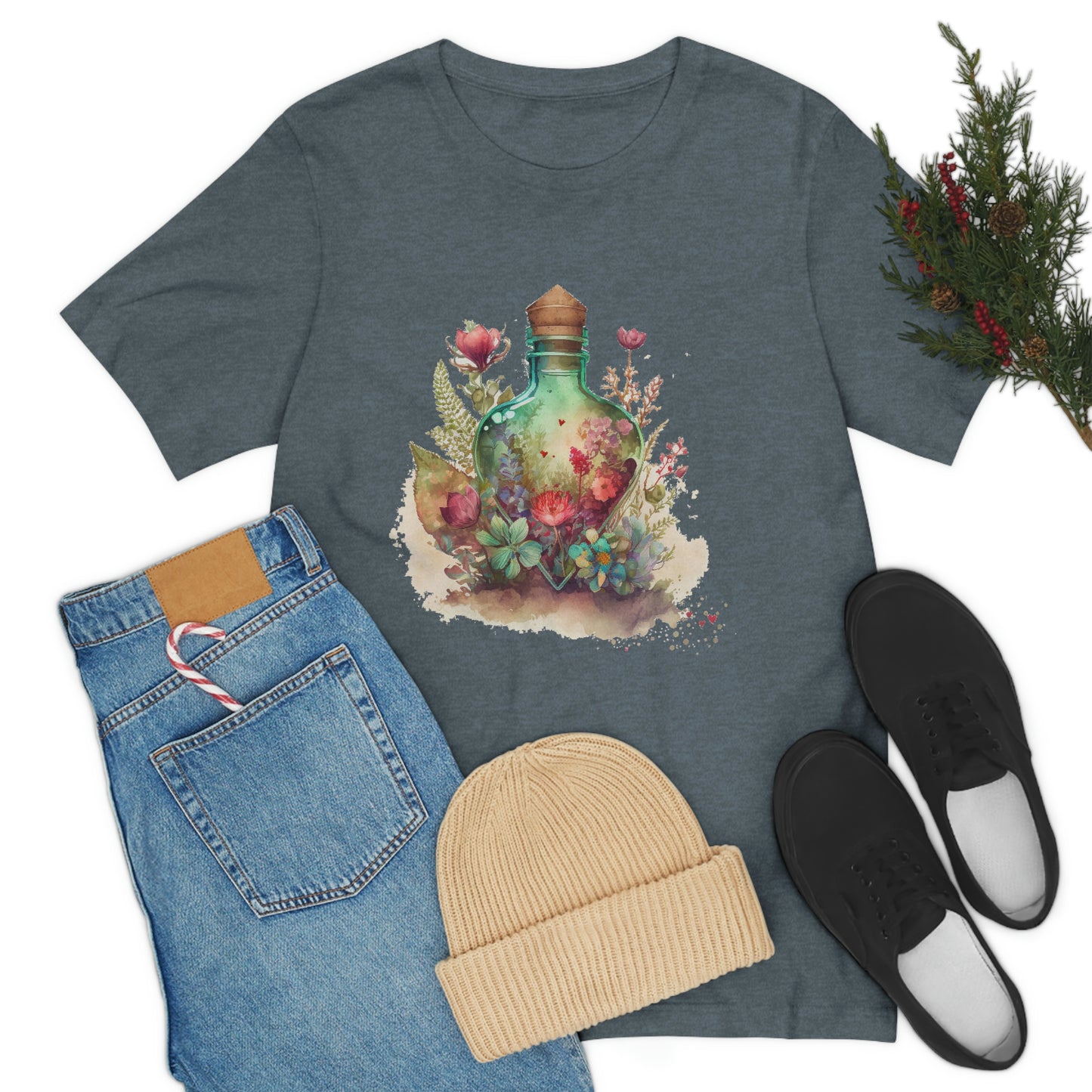 Vintage Bottle Floral Unisex Jersey Short Sleeve Tee