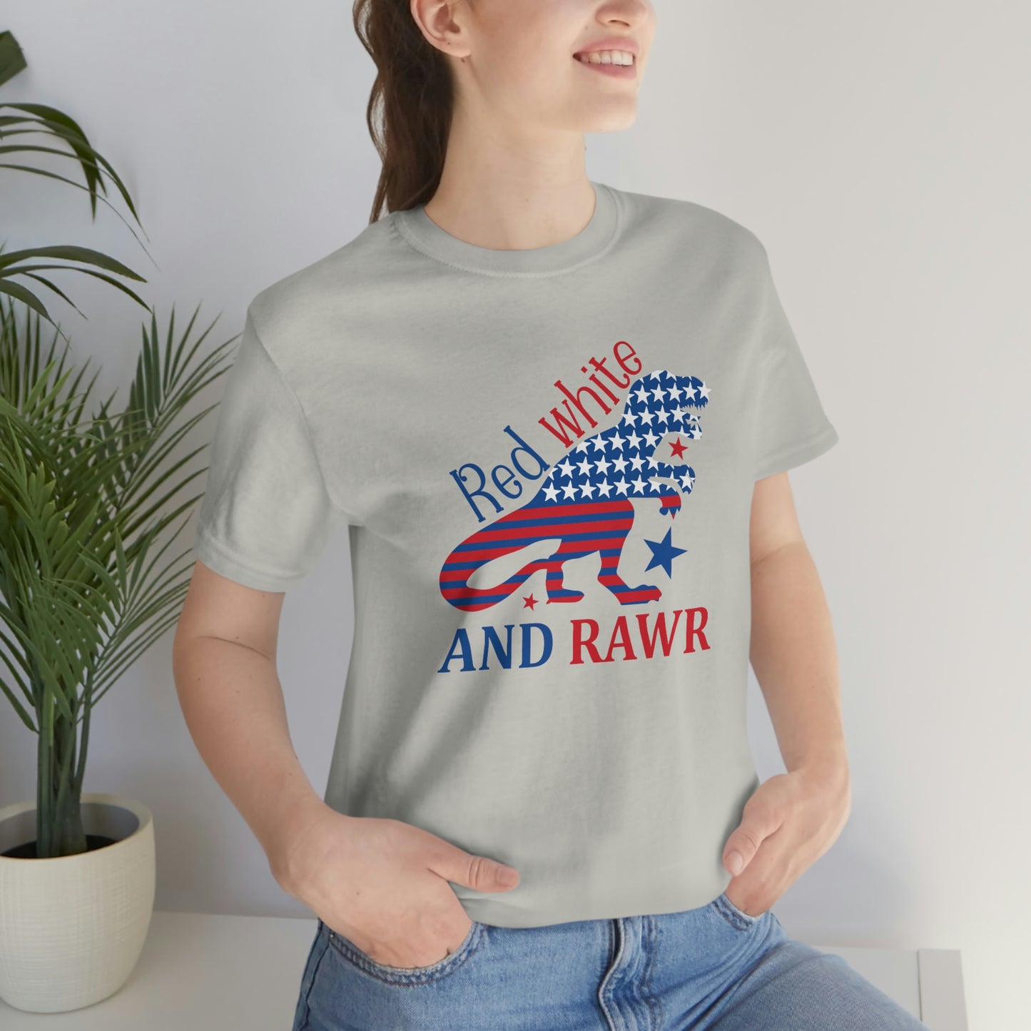 Red White Rawr Dinosaur 4th of July Unisex Jersey Short Sleeve Tee