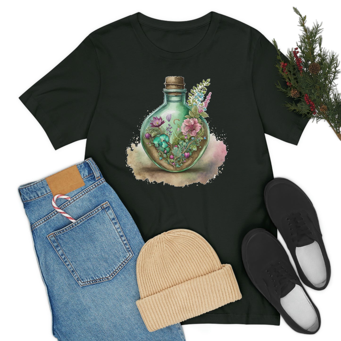 Vintage Bottle Floral Unisex Jersey Short Sleeve Tee
