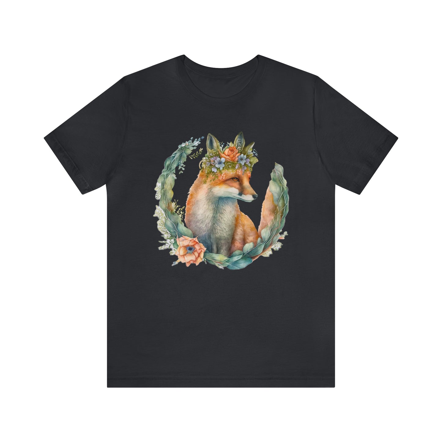 Watercolor Fox Peaking Through Wreath Short Sleeve T-shirt