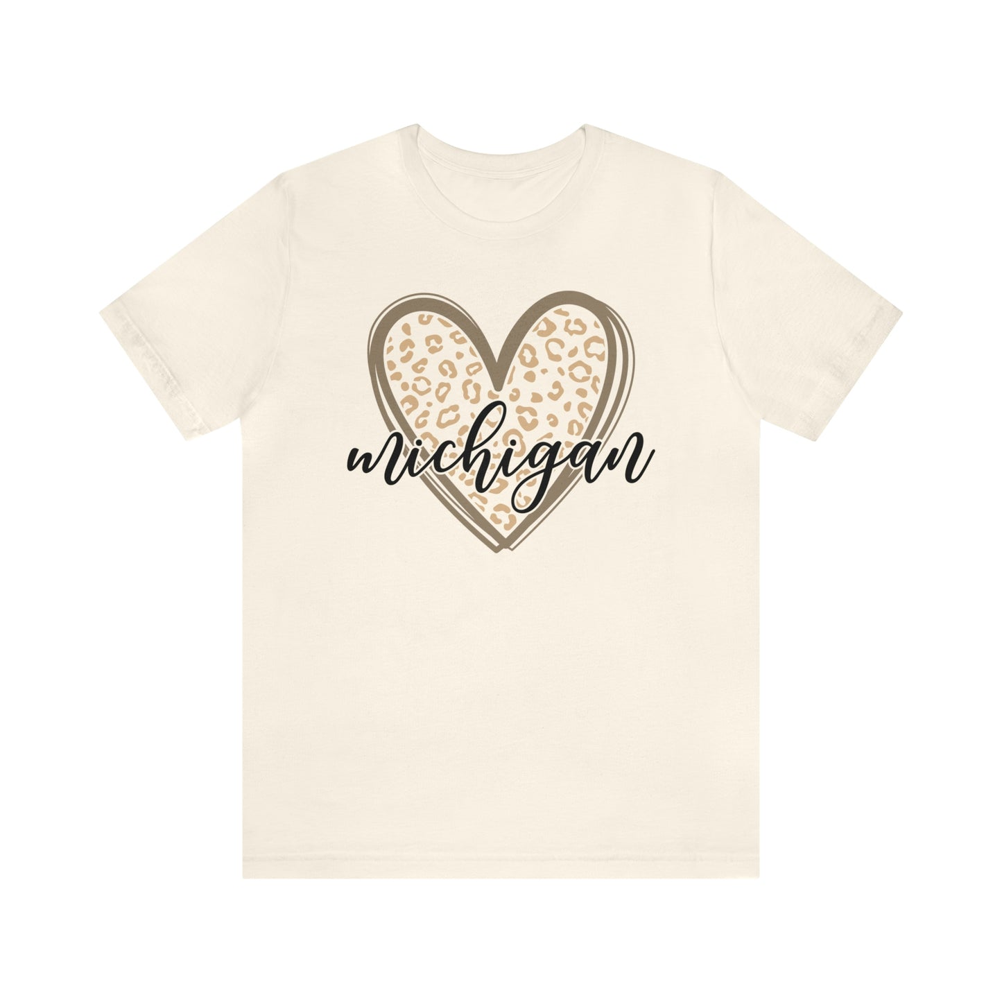 Michigan Gold Leopard Heart Black Script Short Sleeve T-shirt