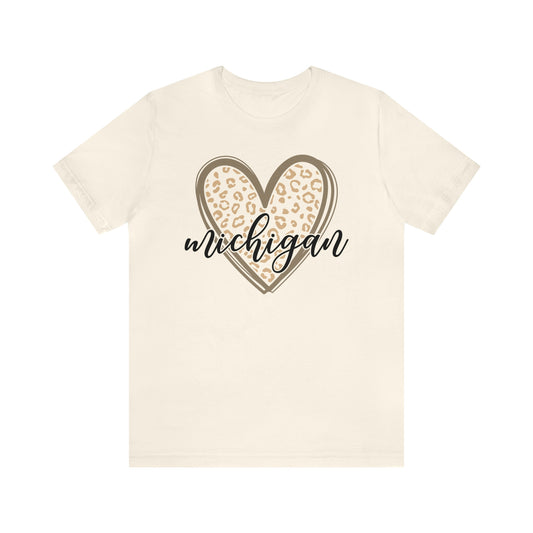 Michigan Gold Leopard Heart Black Script Short Sleeve T-shirt