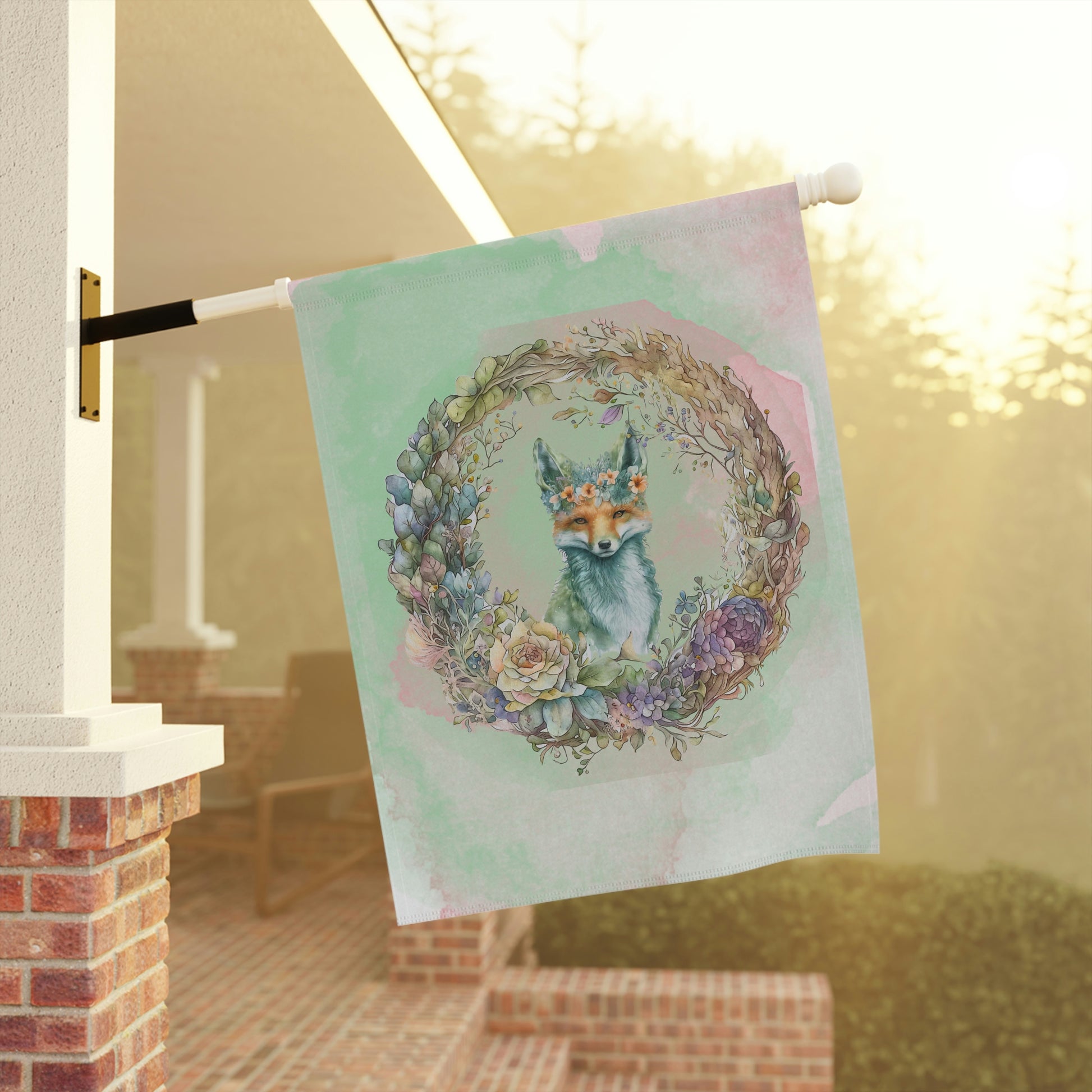 Fox in Wreath  Watercolor Garden & House Banner
