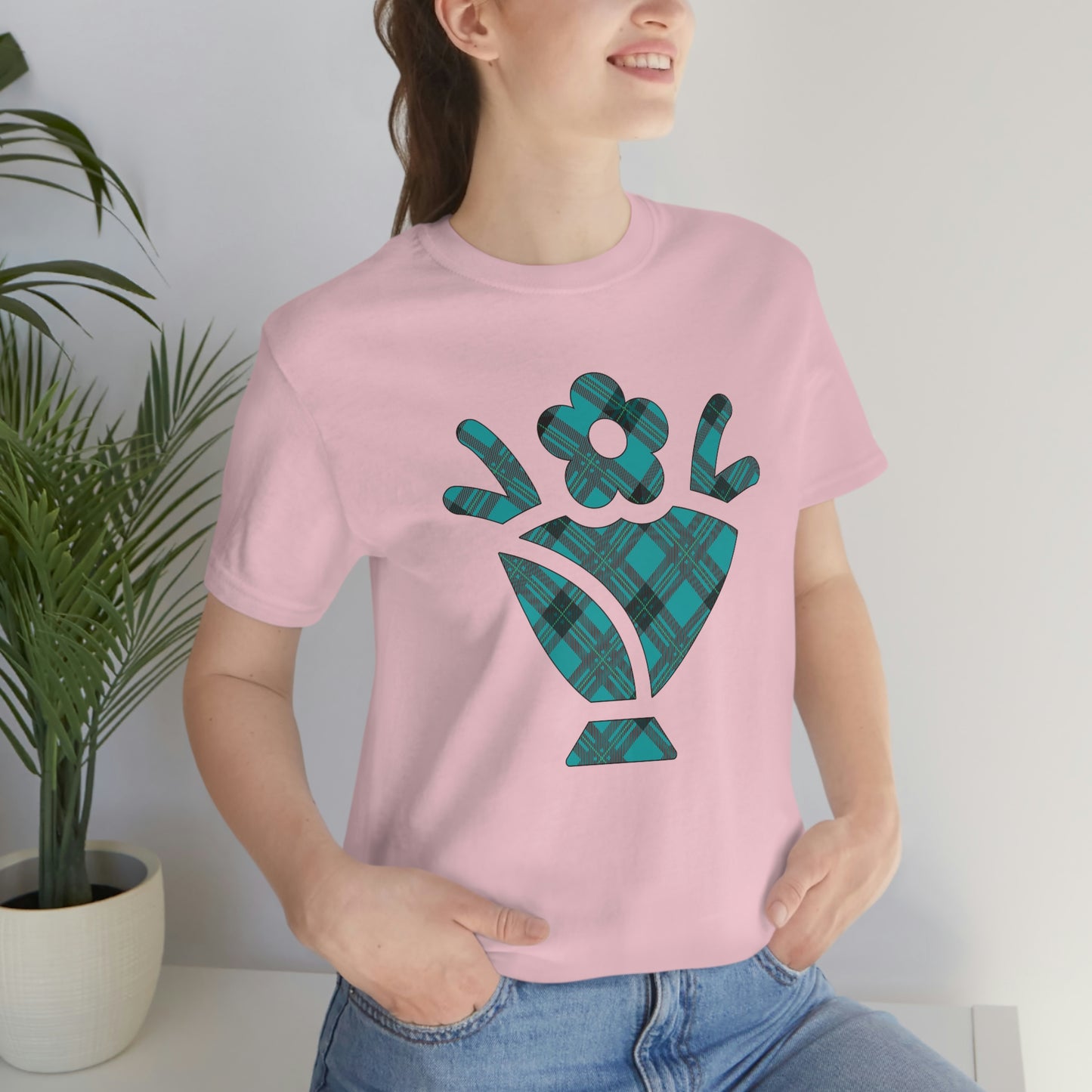 Blue Plaid Egg Basket Flowers Unisex Jersey Short Sleeve Tee