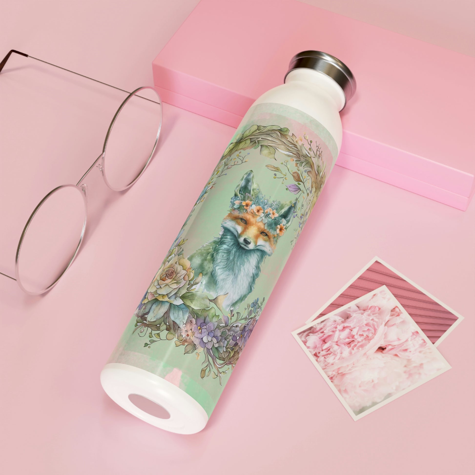 Spring Fox in Flower Wreath Watercolor Slim Water Bottle