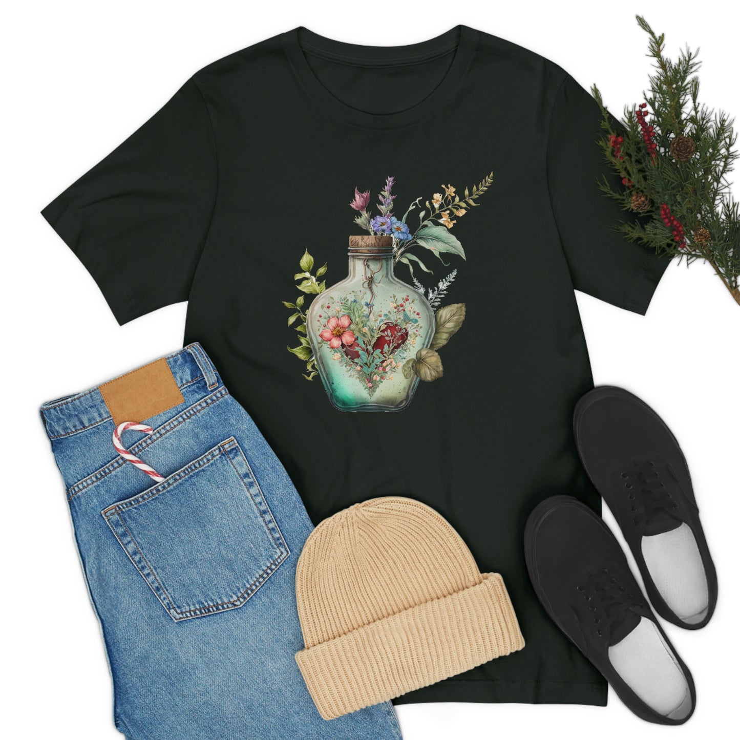 Vintage Bottle Floral Unisex Jersey Short Sleeve Tee
