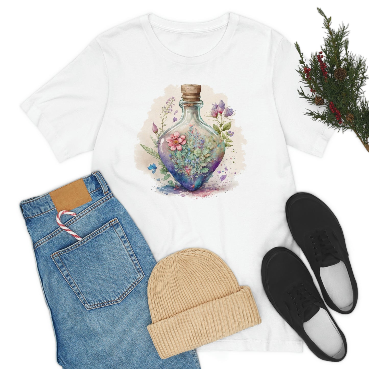 Vintage Bottle Floral Unisex Jersey Short Sleeve Tee