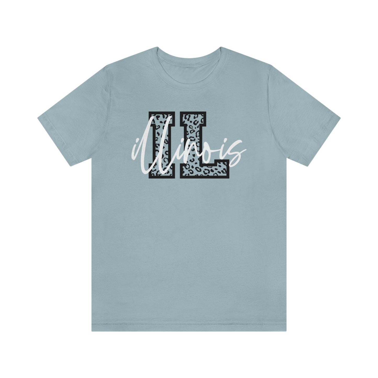 Illinois ID Leopard Print Letters White Script Short Sleeve T-shirt