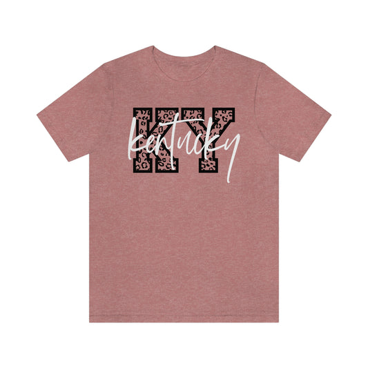 Kentucky KY Leopard Print Letters White Script Short Sleeve T-shirt