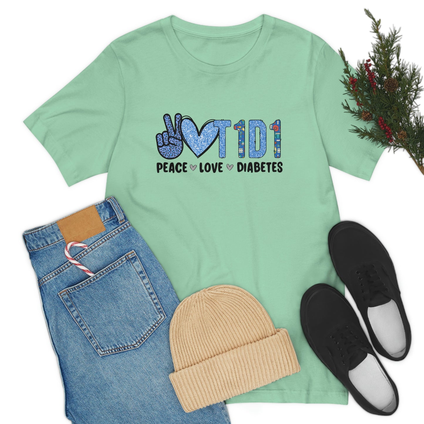 Peace Love T1D1 Diabetes Awareness Print Unisex Jersey Short Sleeve Tee