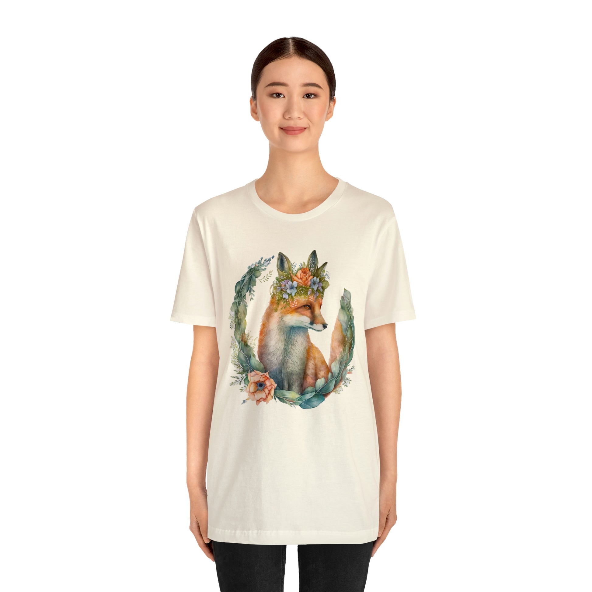 Watercolor Fox Peaking Through Wreath Short Sleeve T-shirt