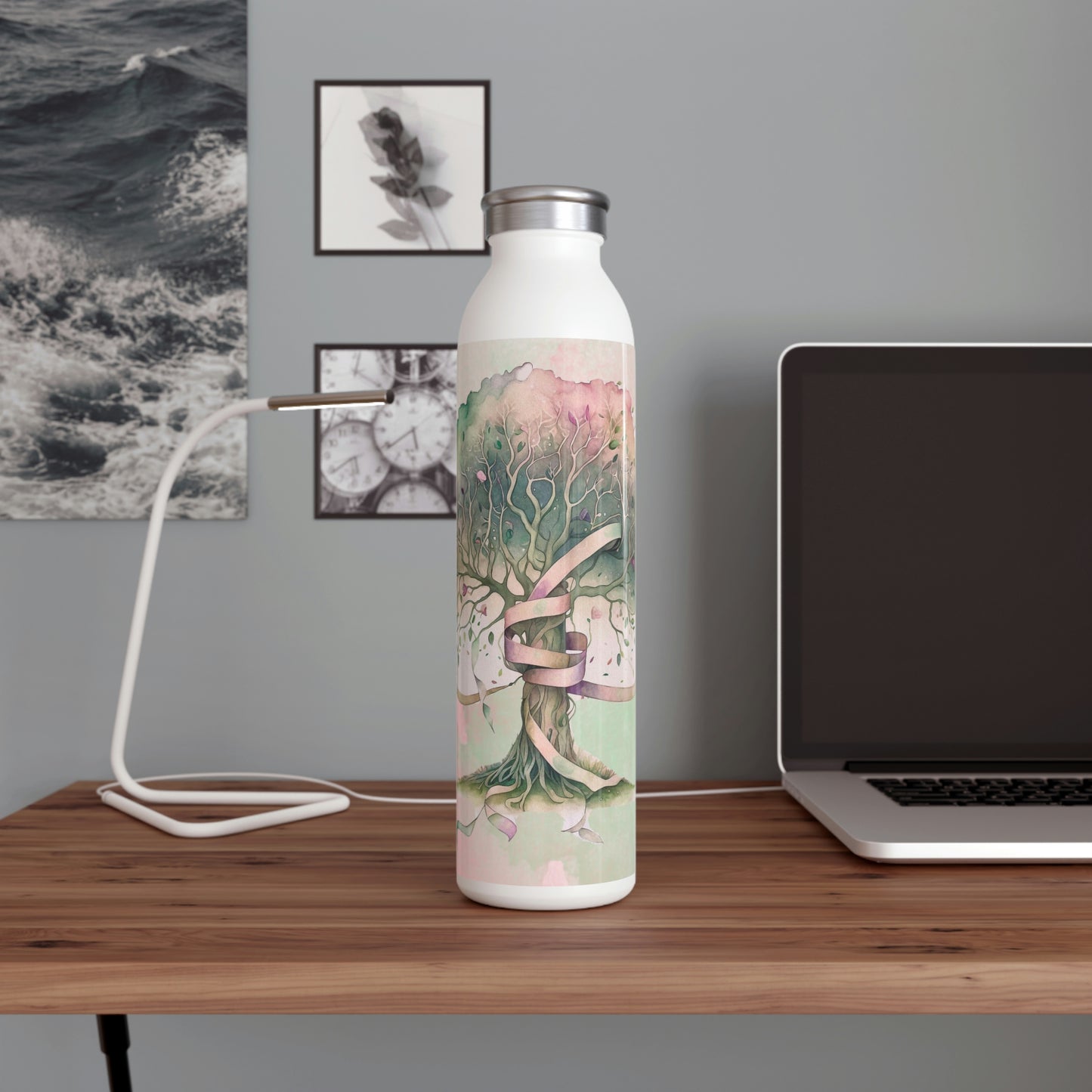 Spring Tree Ribbons Watercolor Slim Water Bottle