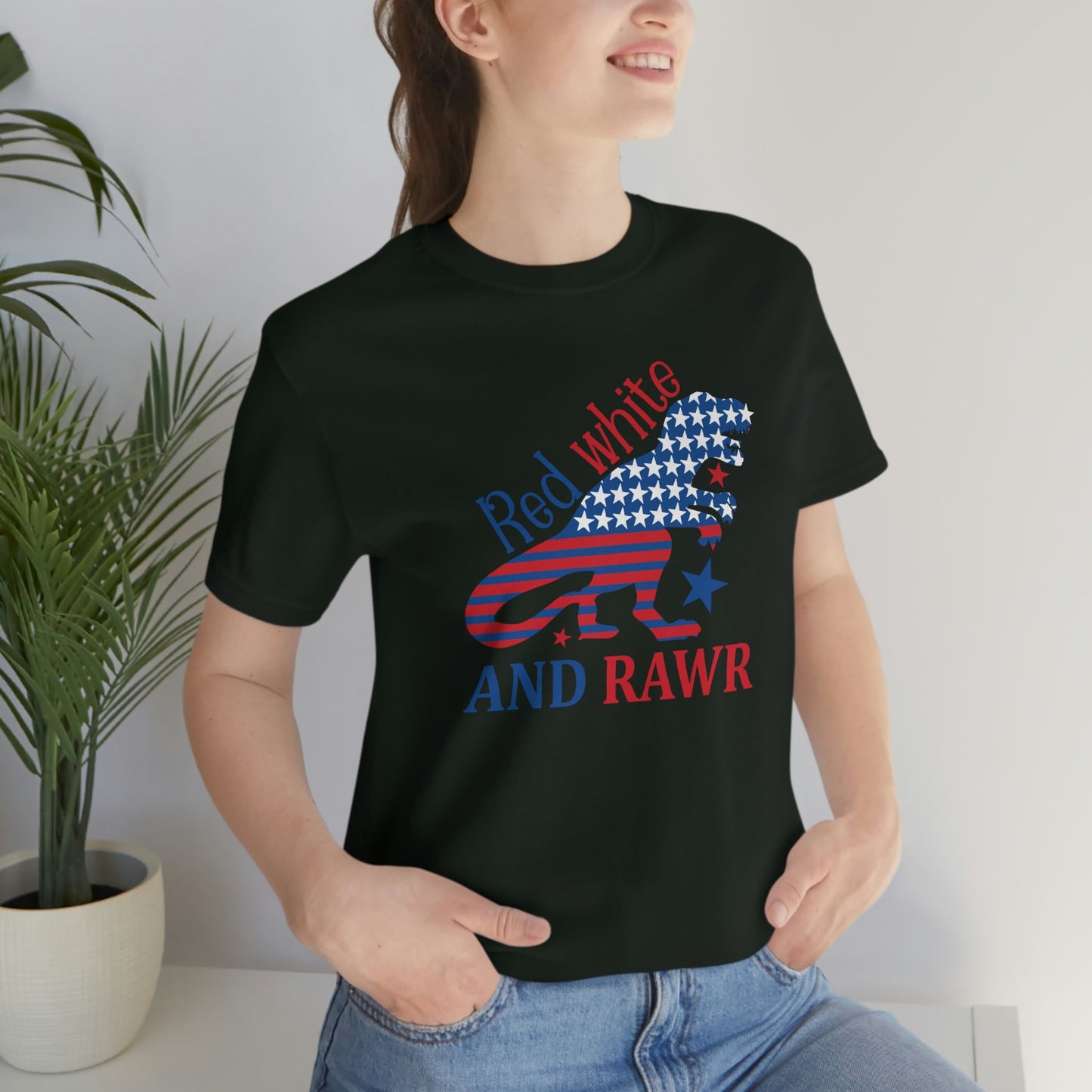 Red White Rawr Dinosaur 4th of July Unisex Jersey Short Sleeve Tee