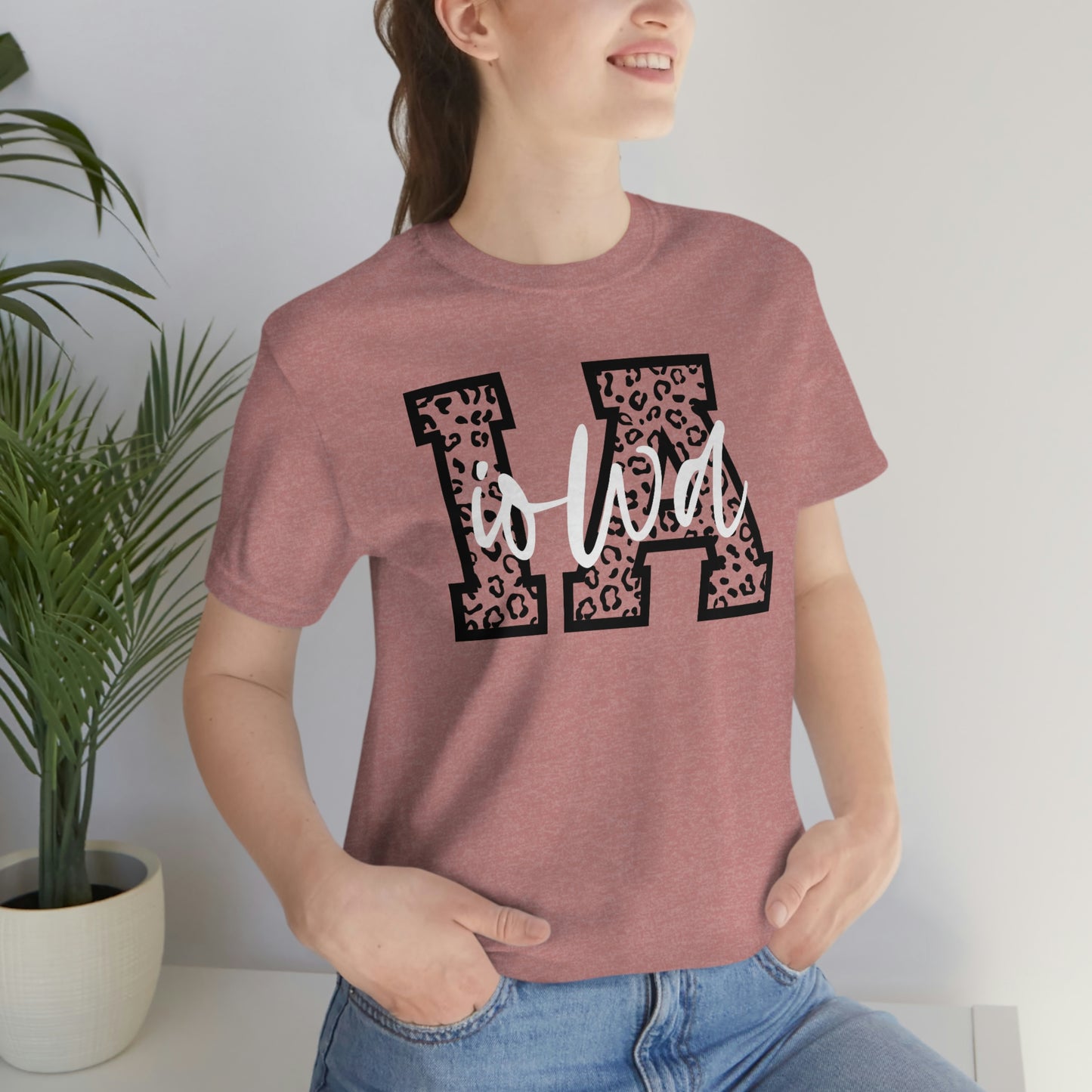 Iowa IA Leopard Print Letters White Script Short Sleeve T-shirt