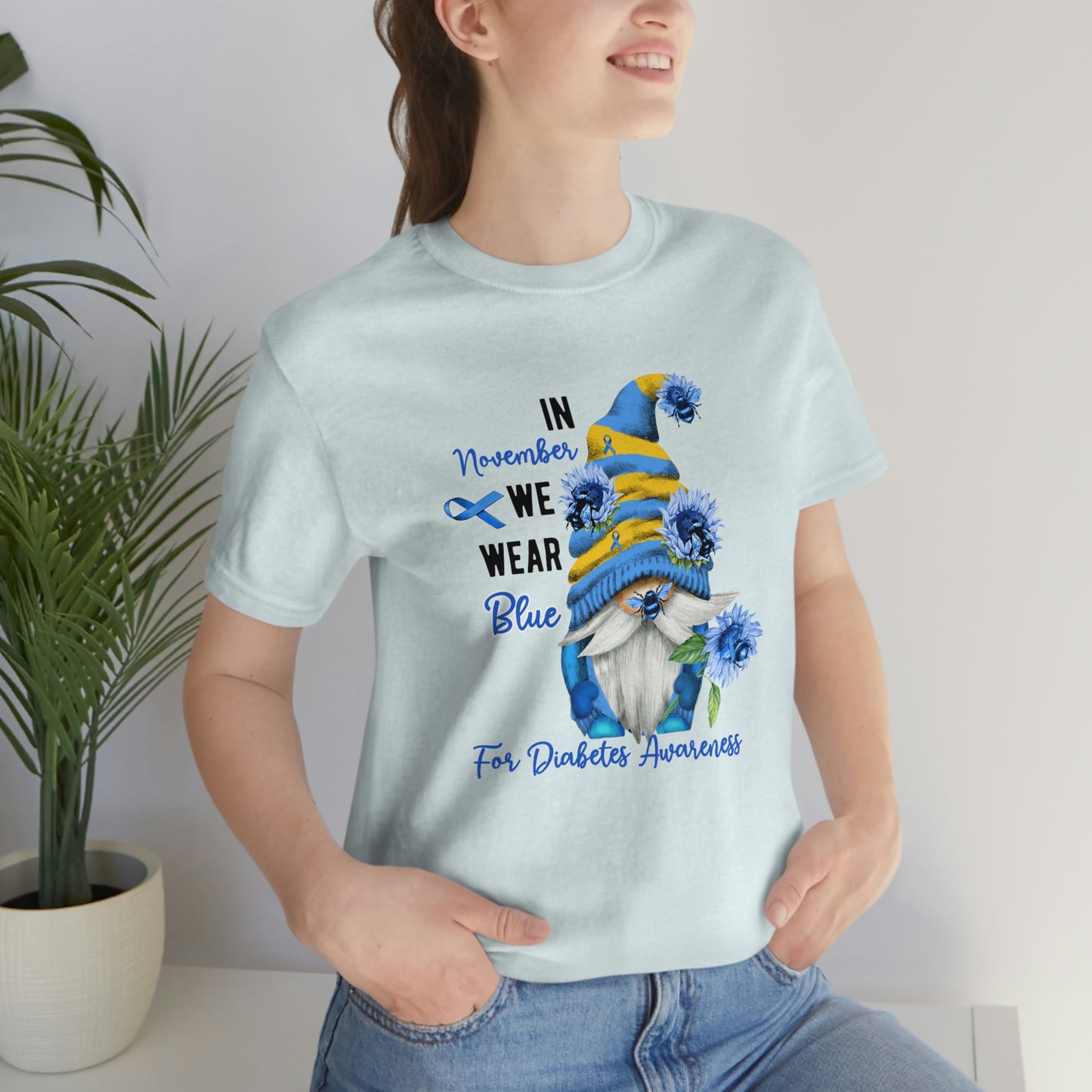 In November We Wear Blue Gnome Diabetes Awareness Print Unisex Jersey Short Sleeve Tee