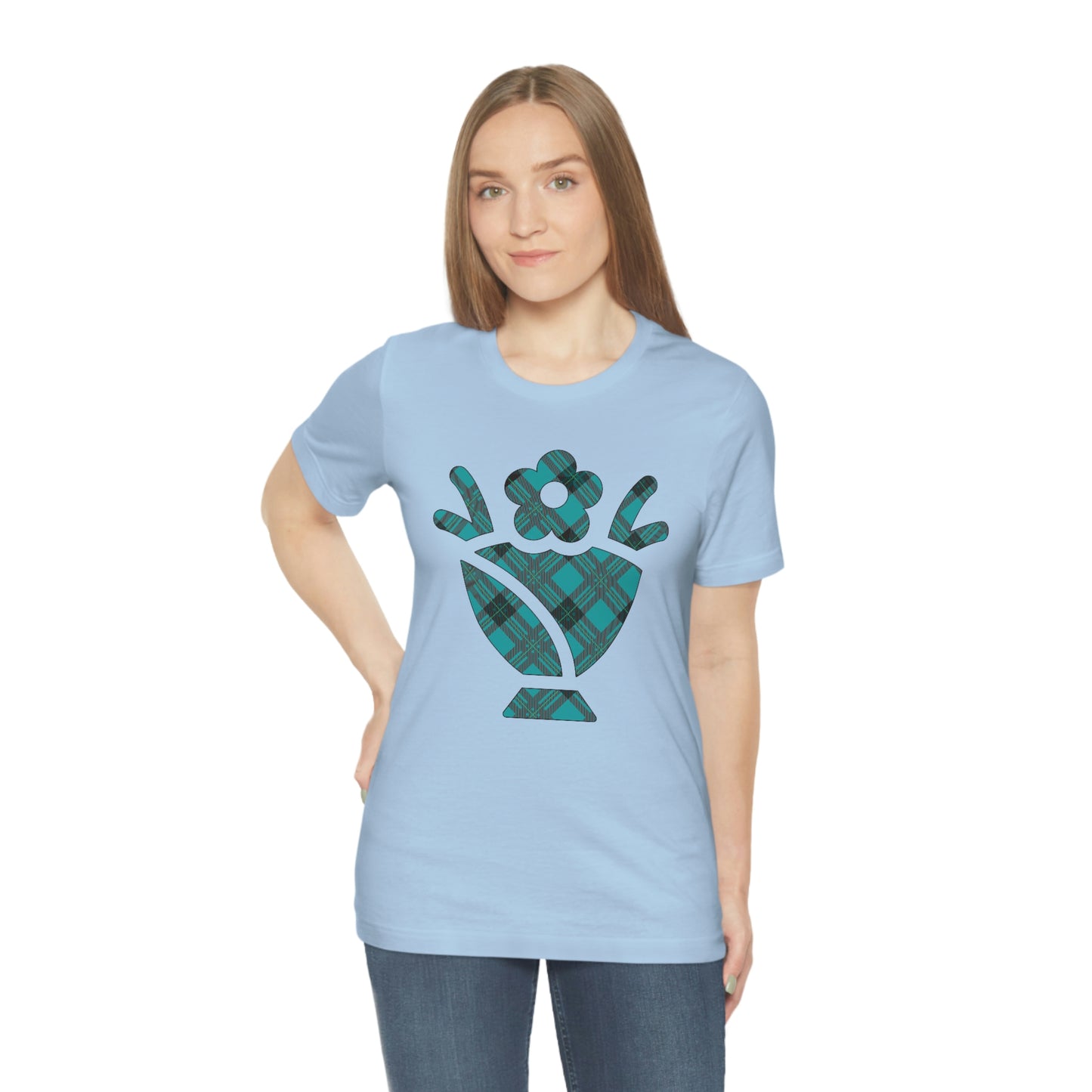 Blue Plaid Egg Basket Flowers Unisex Jersey Short Sleeve Tee