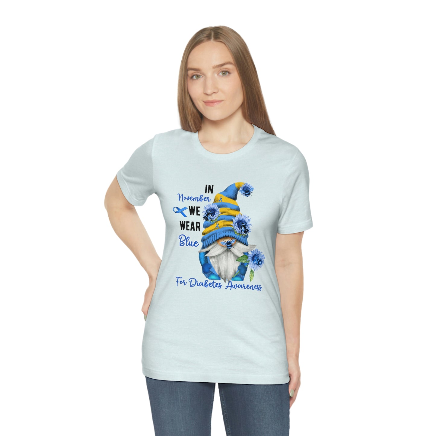 In November We Wear Blue Gnome Diabetes Awareness Print Unisex Jersey Short Sleeve Tee