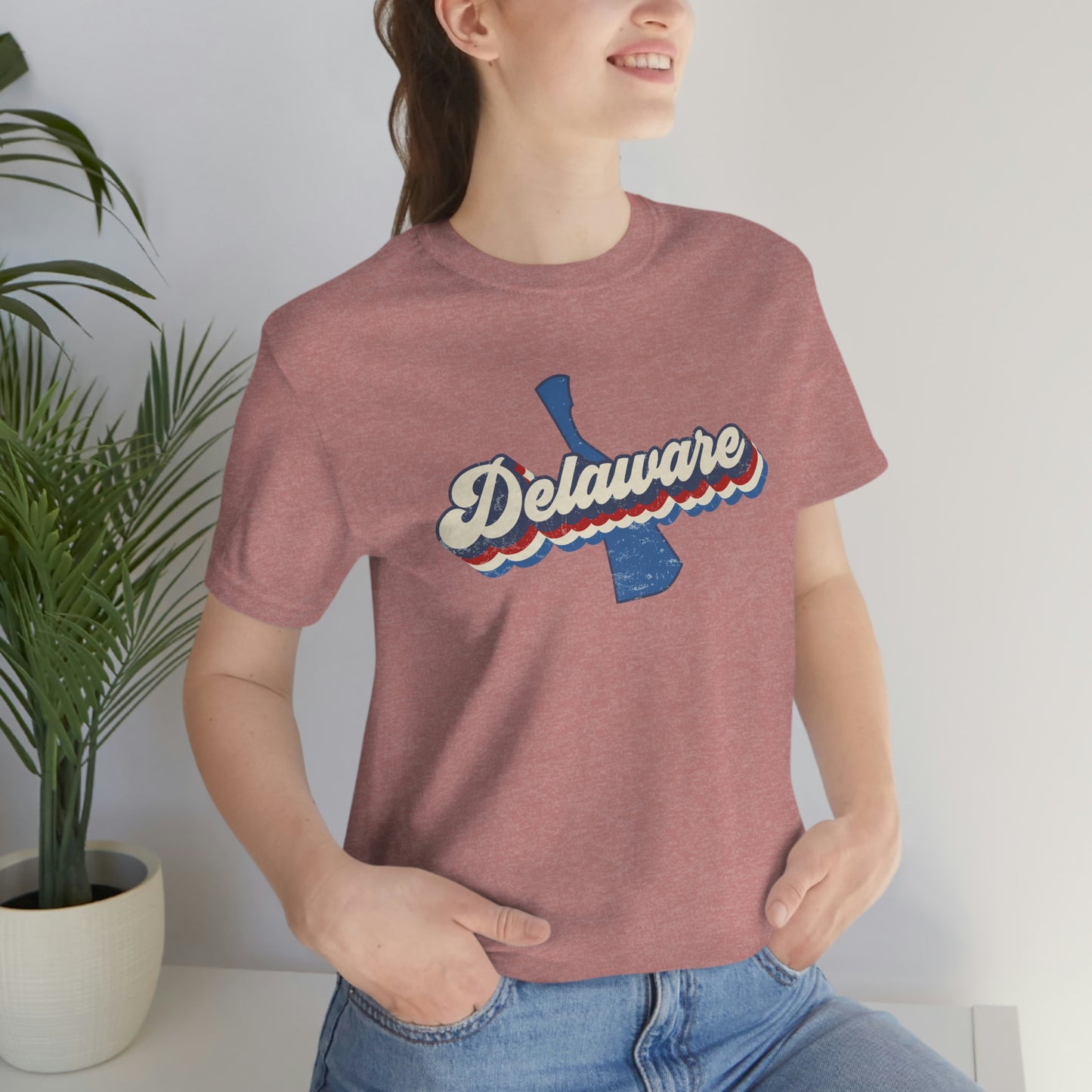 Delaware Script Red White Blue on Blue Delaware Short Sleeve T-shirt
