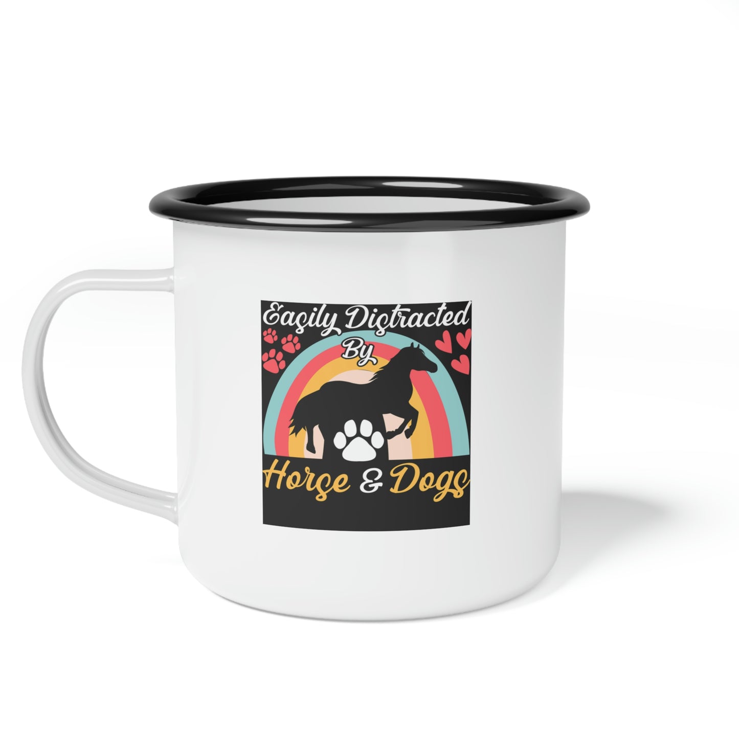 Easily Distracted Horse by Dogs White Enamel Camp Cup