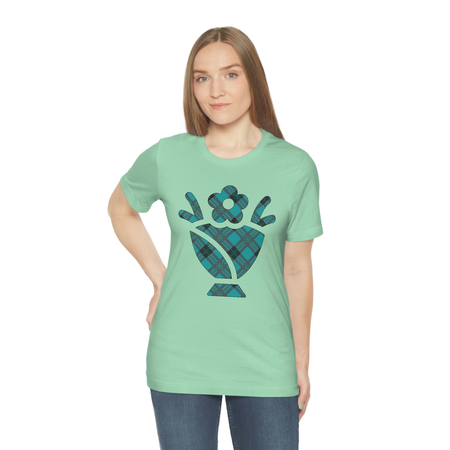 Blue Plaid Egg Basket Flowers Unisex Jersey Short Sleeve Tee