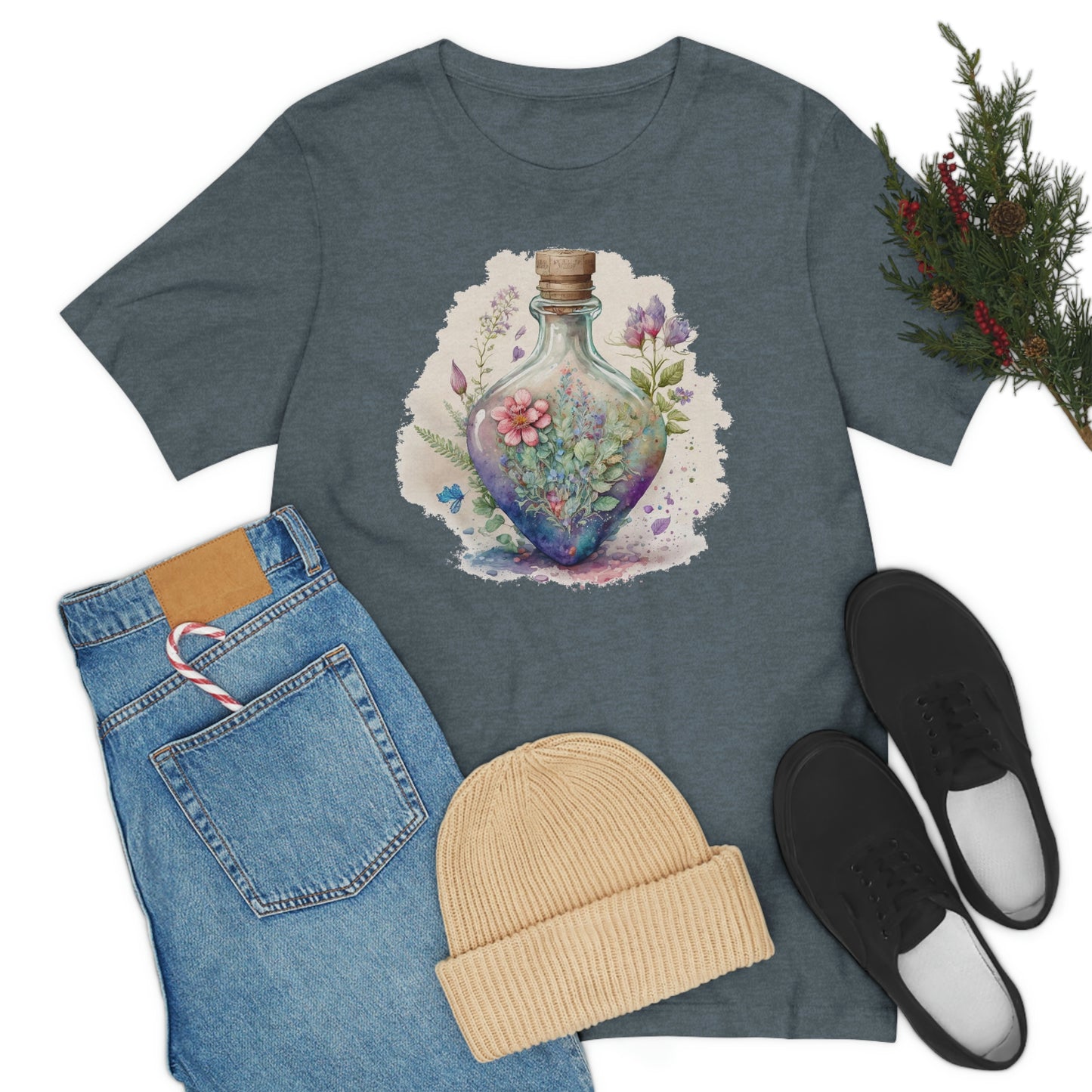 Vintage Bottle Floral Unisex Jersey Short Sleeve Tee