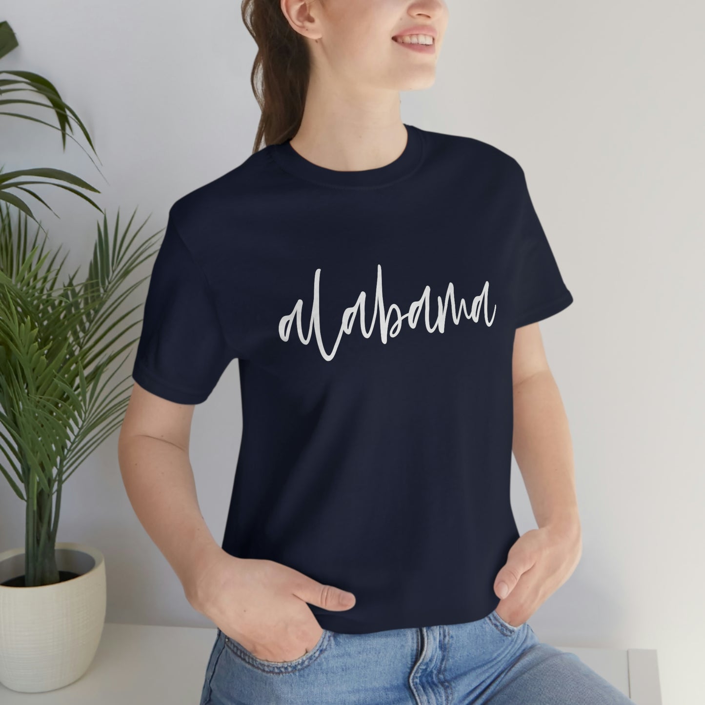 Alabama in White Script Unisex Jersey Short Sleeve T-shirt