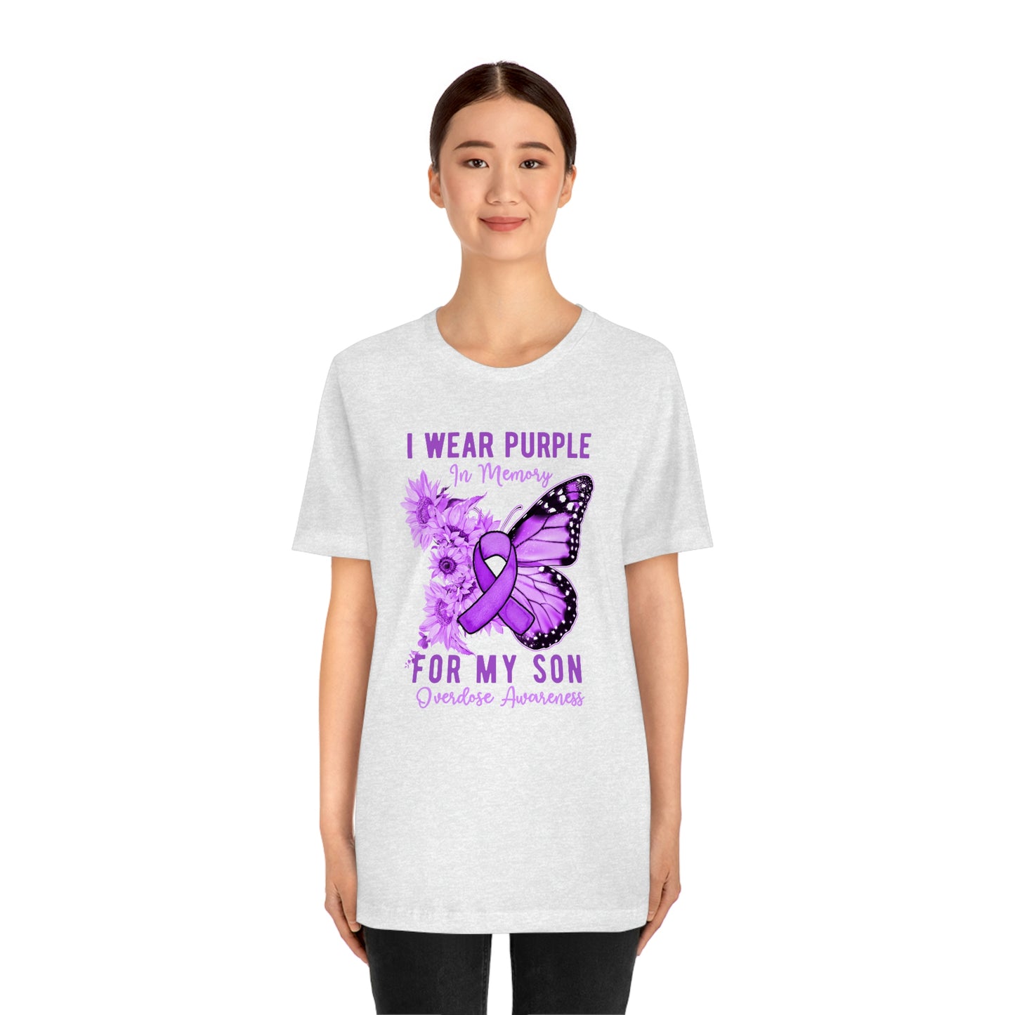 I Wear Purple In Memory For My Son Overdose Awareness Print Unisex Jersey Short Sleeve Tee