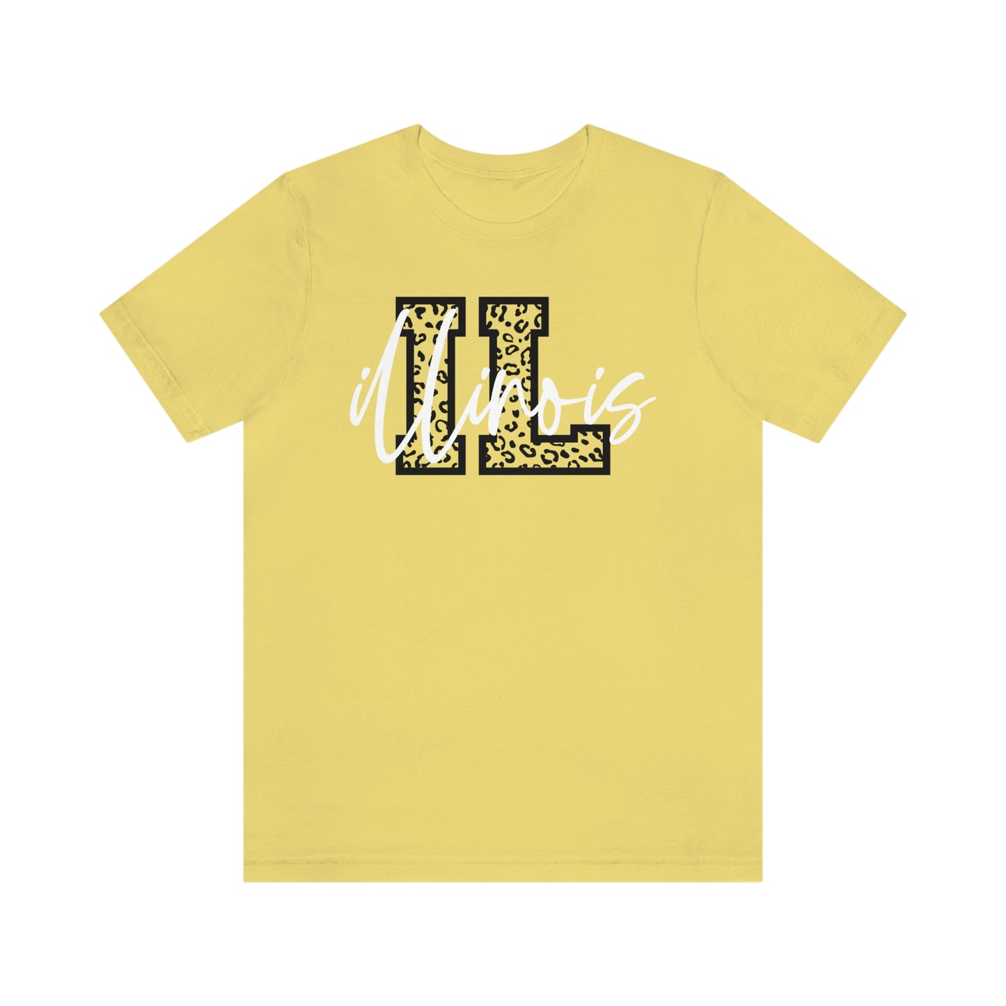 Illinois ID Leopard Print Letters White Script Short Sleeve T-shirt